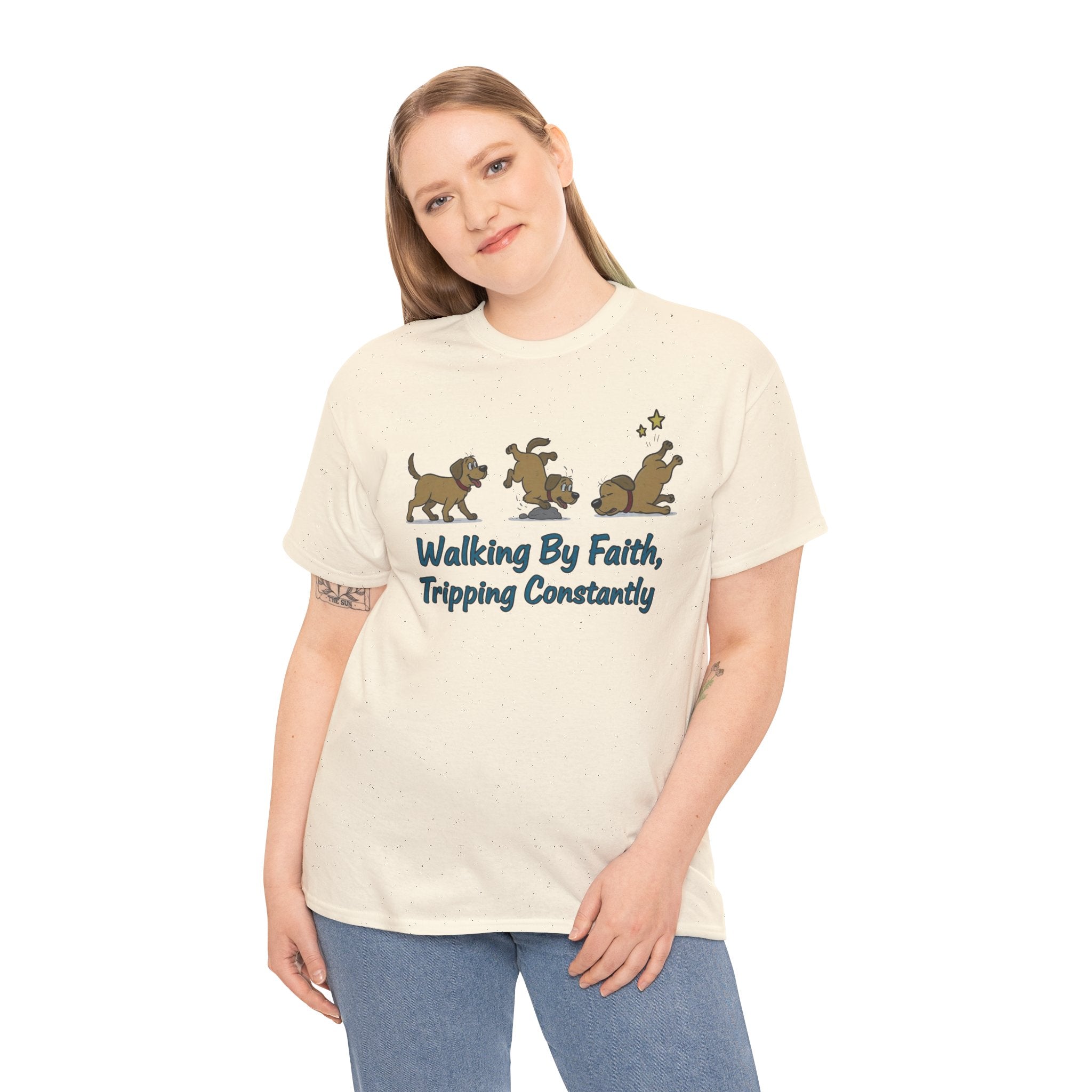 Faith Dog T-Shirt — "Walking By Faith, Tripping Constantly" Cute Christian Tee
