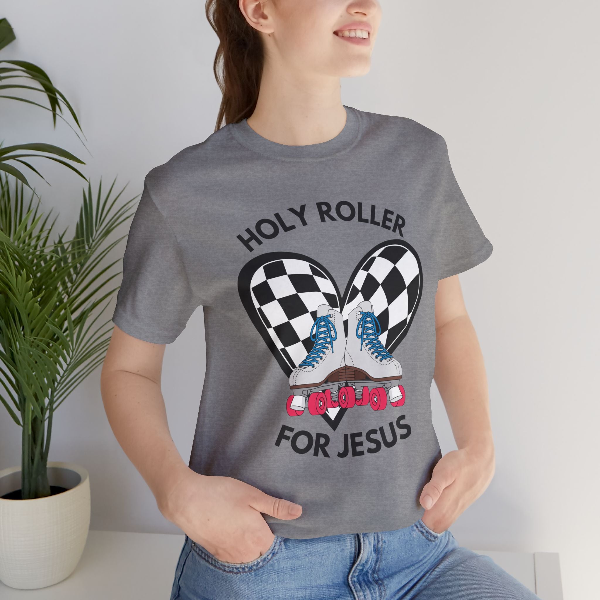 Holy Roller For Jesus T-Shirt — Retro Roller Skates & Checker Heart Christian Tee