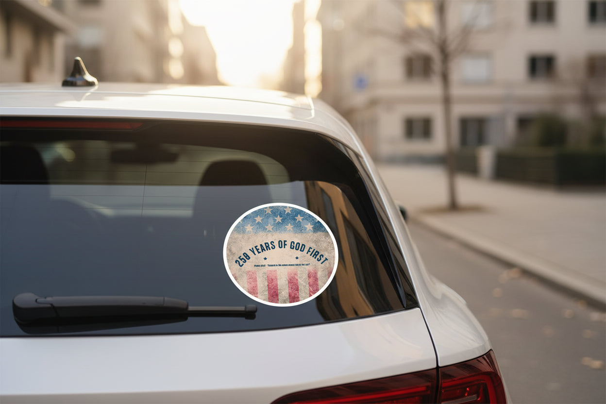 250 Years of God First Round Sticker — Patriotic Christian Faith Sticker (Psalm 33:12)
