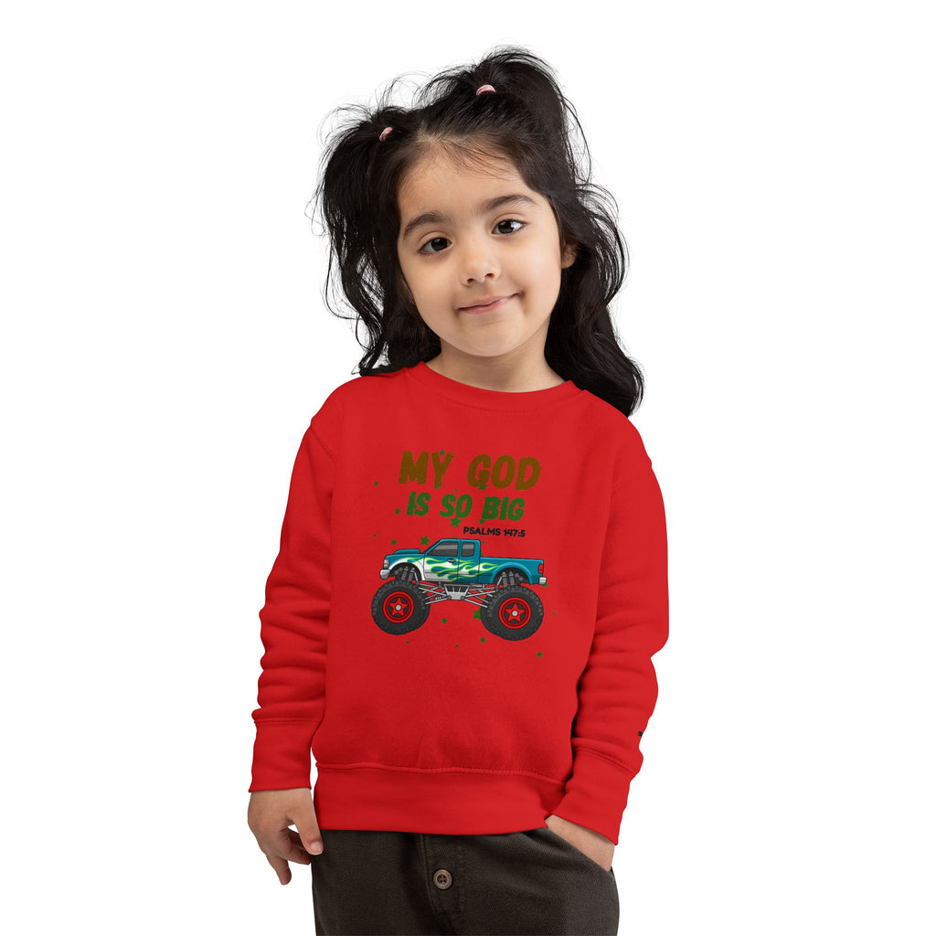 Toddler Sweatshirt — "My God Is So Big" Monster Truck Christian Kids Crewneck