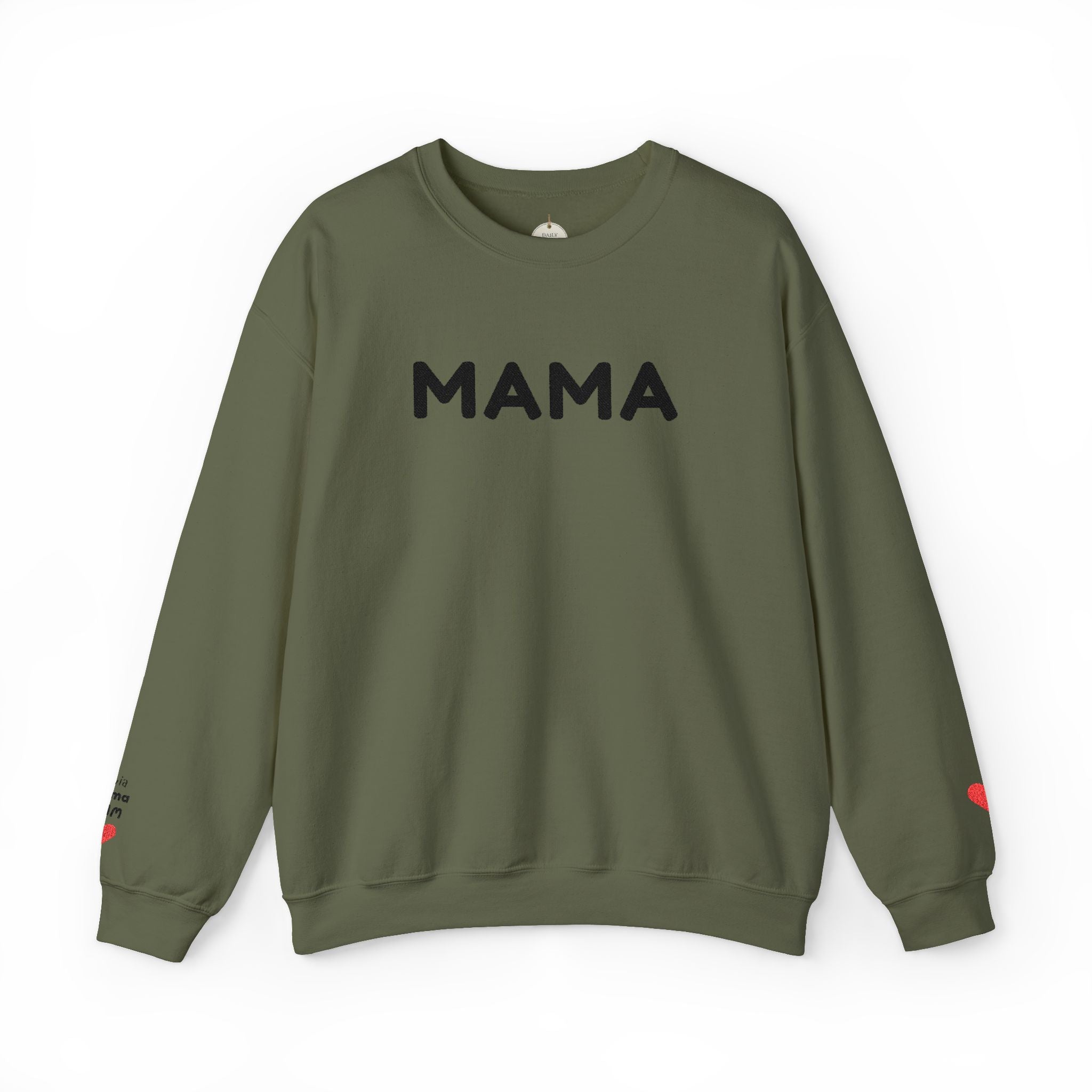 Embroidered - Personalized - Mama Crewneck Sweatshirt — Cozy Mother's Day Pullover with Heart Sleeve Detail