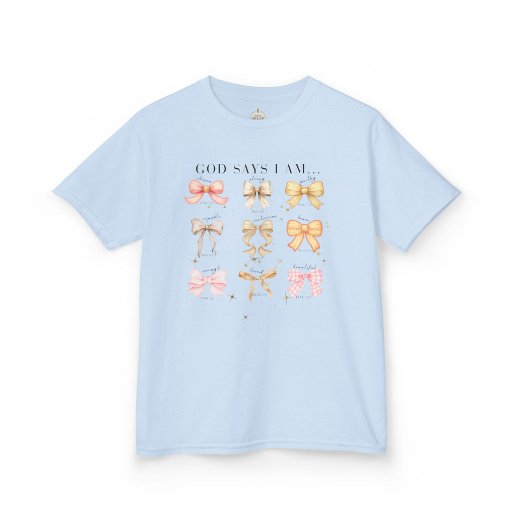 Kids Tee — 'God Says I Am' Pastel Bow Graphic