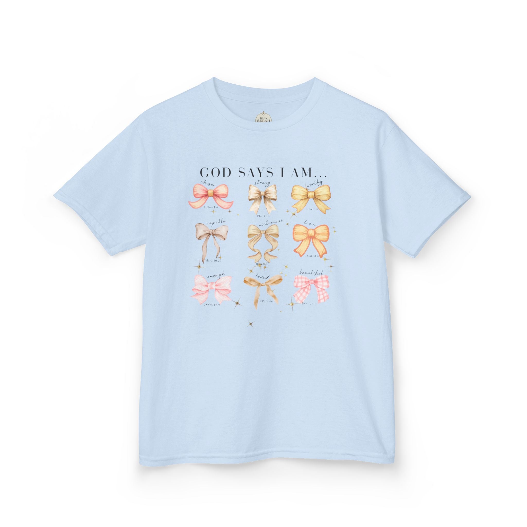 Kids Tee — 'God Says I Am' Pastel Bow Graphic