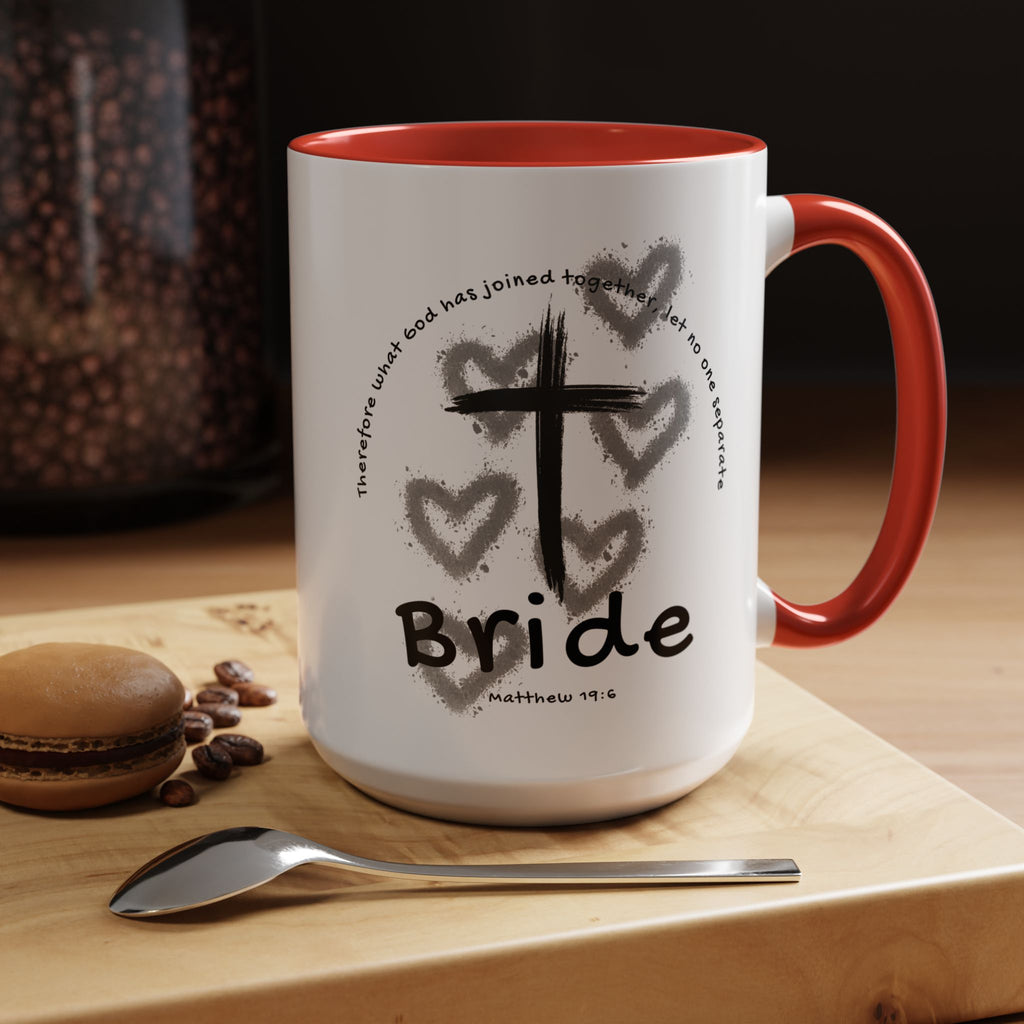 Bride Coffee Mug — Christian Cross & Hearts Accent Mug (Matthew 19:6)