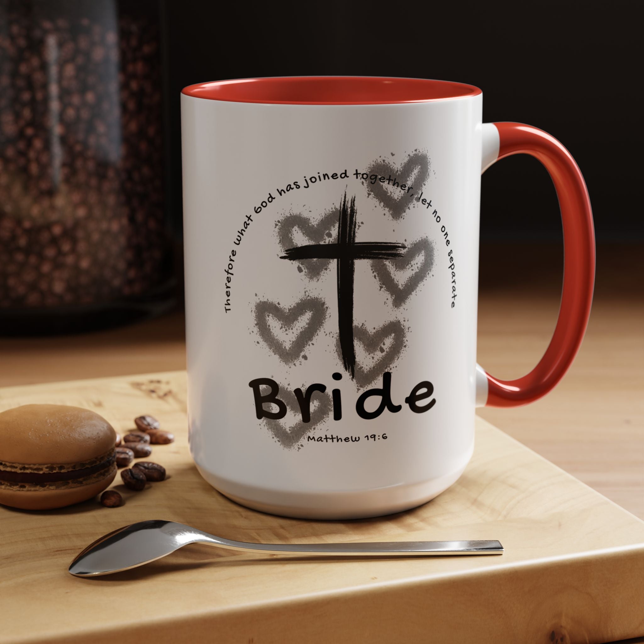 Bride Coffee Mug — Christian Cross & Hearts Accent Mug (Matthew 19:6)