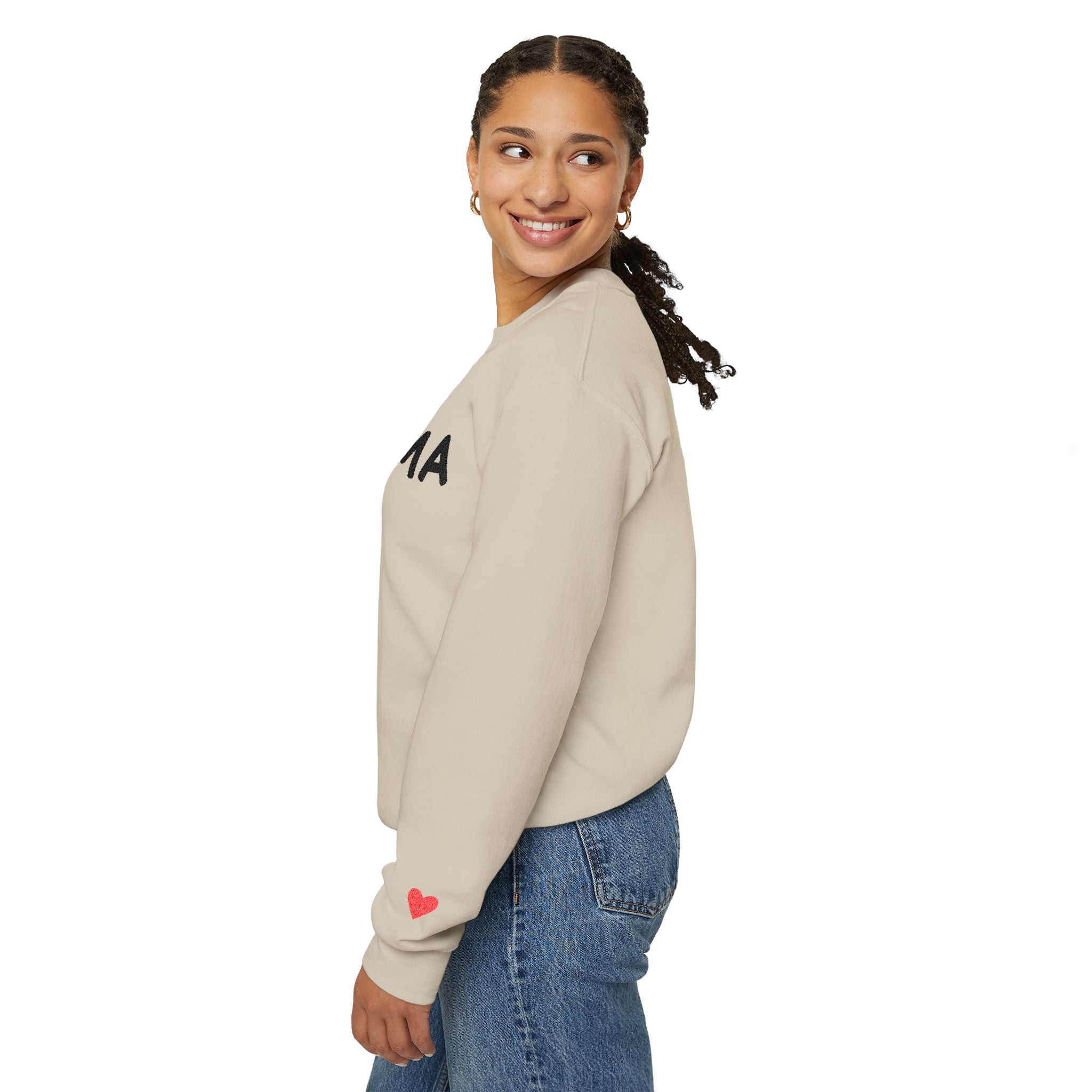 Embroidered - Personalized - Mama Crewneck Sweatshirt — Cozy Mother's Day Pullover with Heart Sleeve Detail