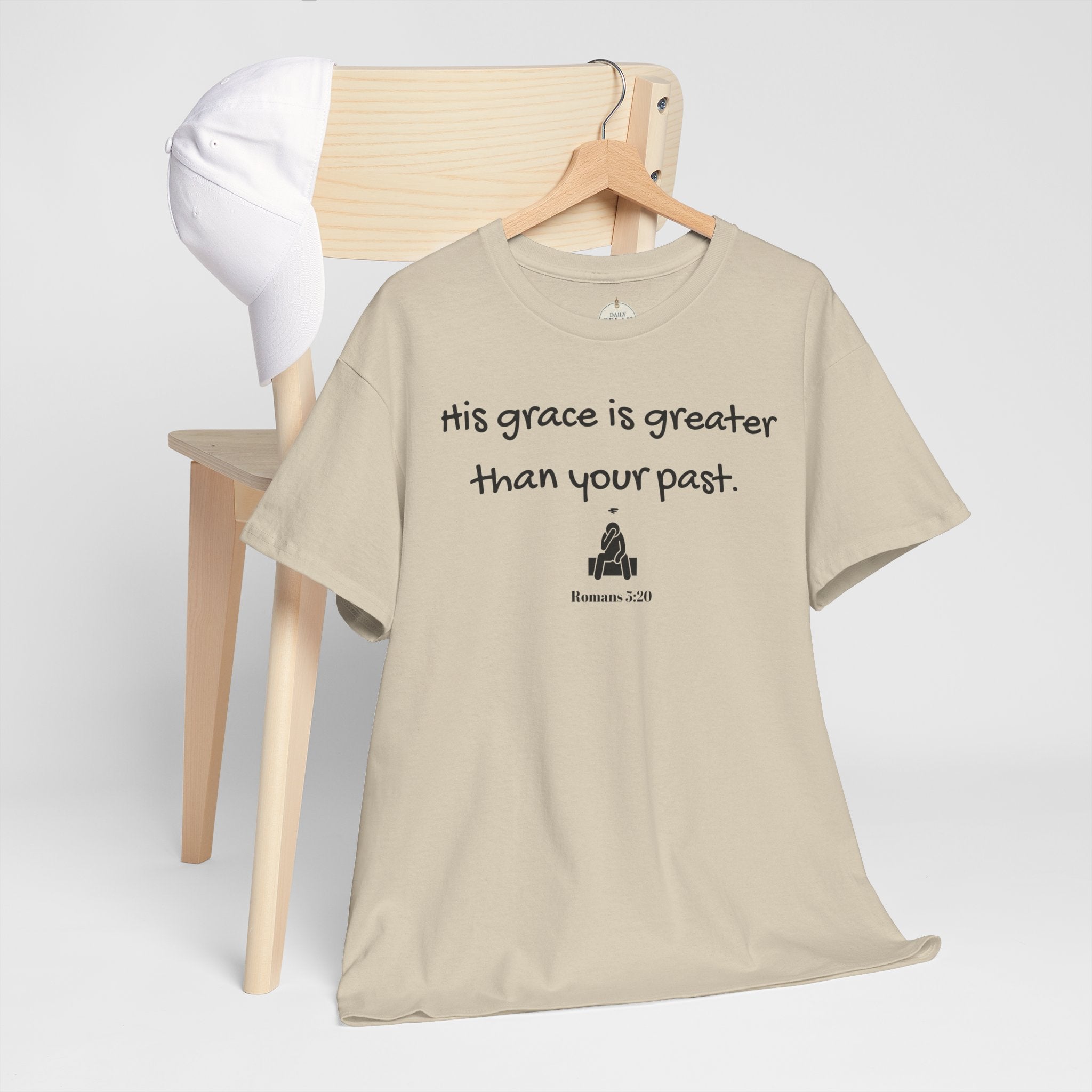 Christian T‑Shirt — "His grace is greater than your past." (Romans 5:20)