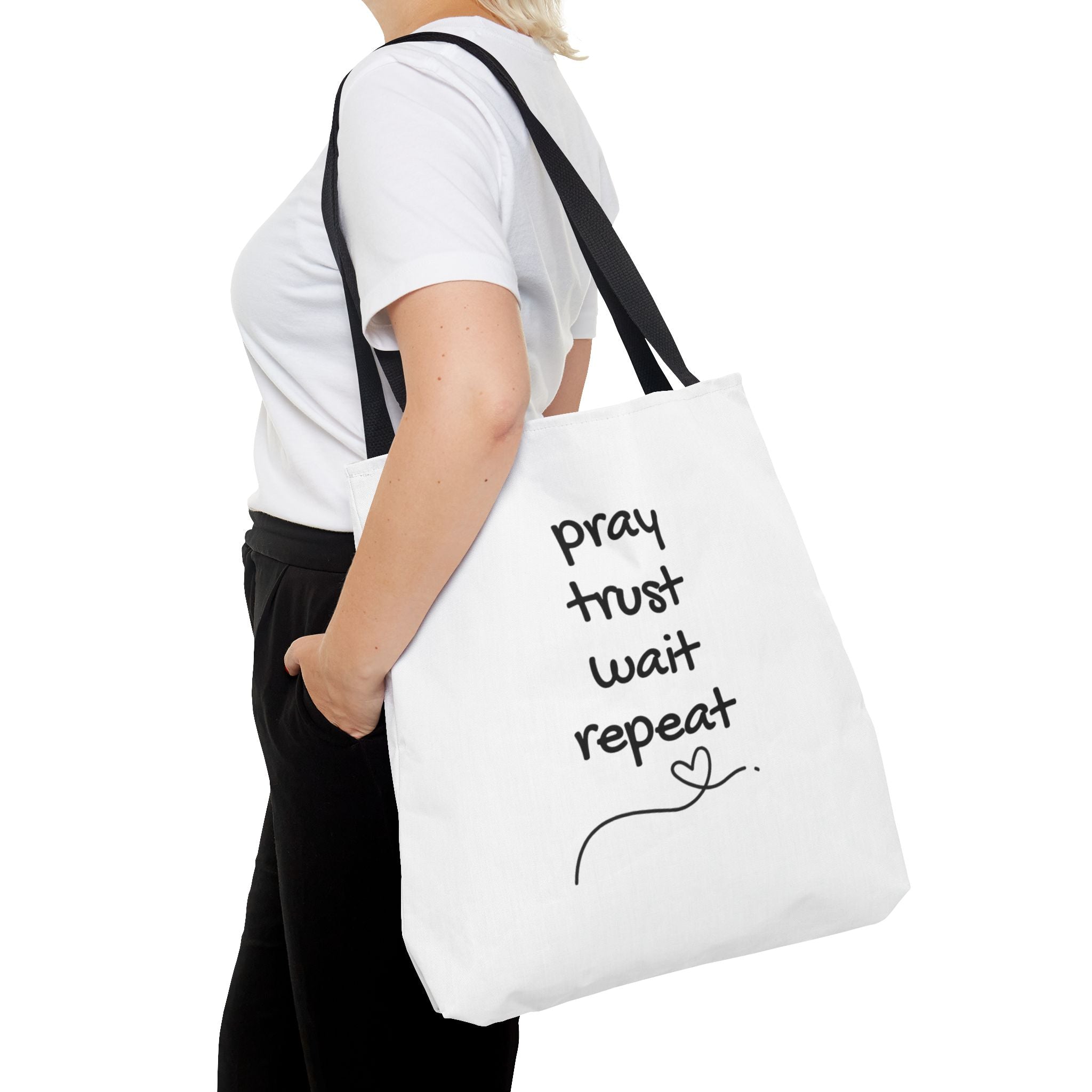 Pray Trust Wait Repeat Tote Bag — Inspirational Faith Canvas Tote