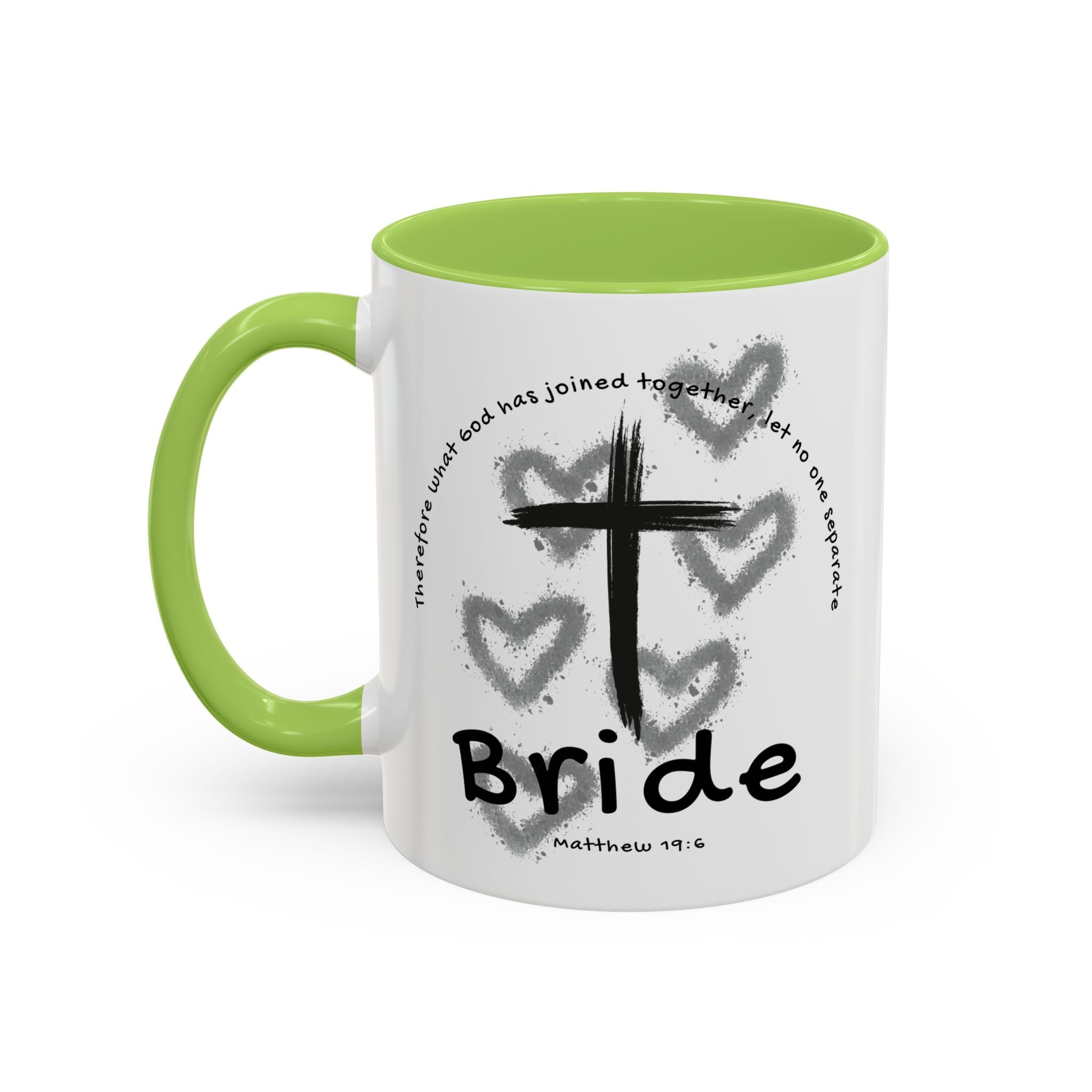 Bride Coffee Mug — Christian Cross & Hearts Accent Mug (Matthew 19:6)