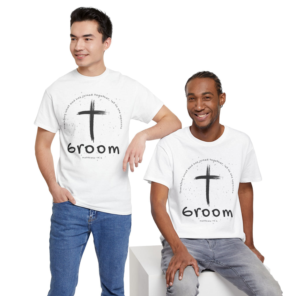 Groom Cross Tee — Christian Wedding Groom T-Shirt (Scripture Verse Design) - Christian - Matthew 19:6