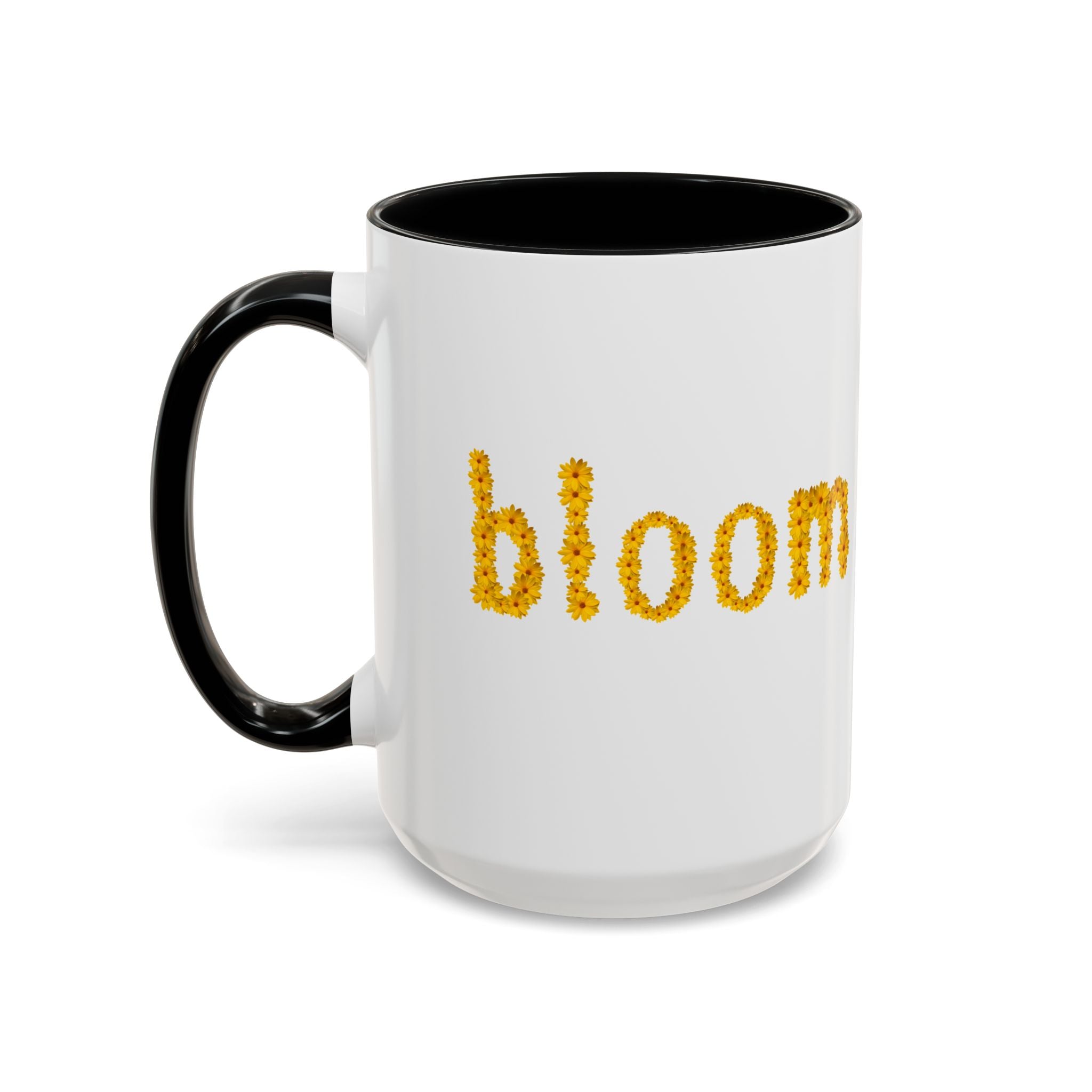 "bloom" floral text Coffee Mug | sunflower petal typography, white & black accent