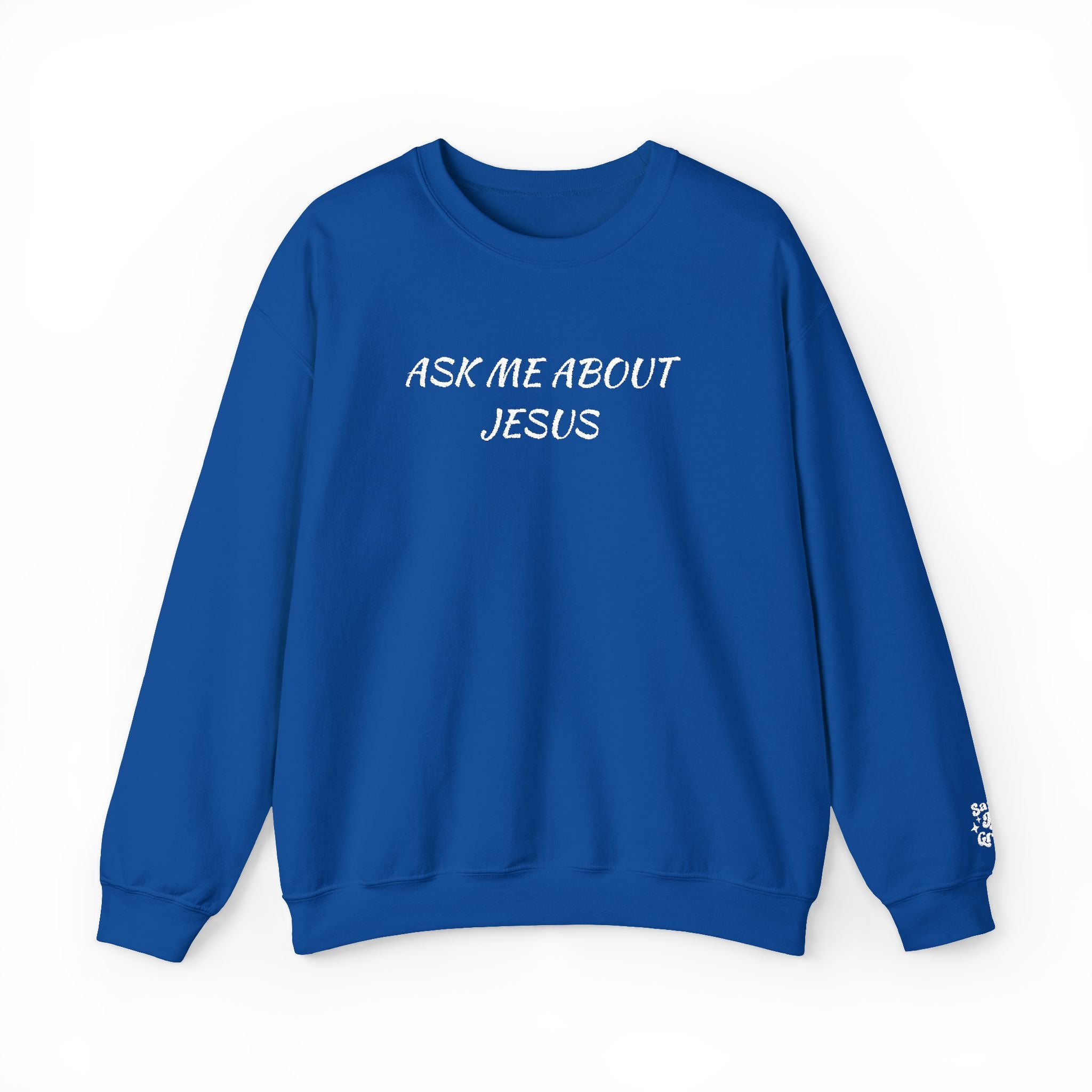 Embroidered Ask Me About Jesus Crewneck Sweatshirt — Christian Faith Conversation Pullover