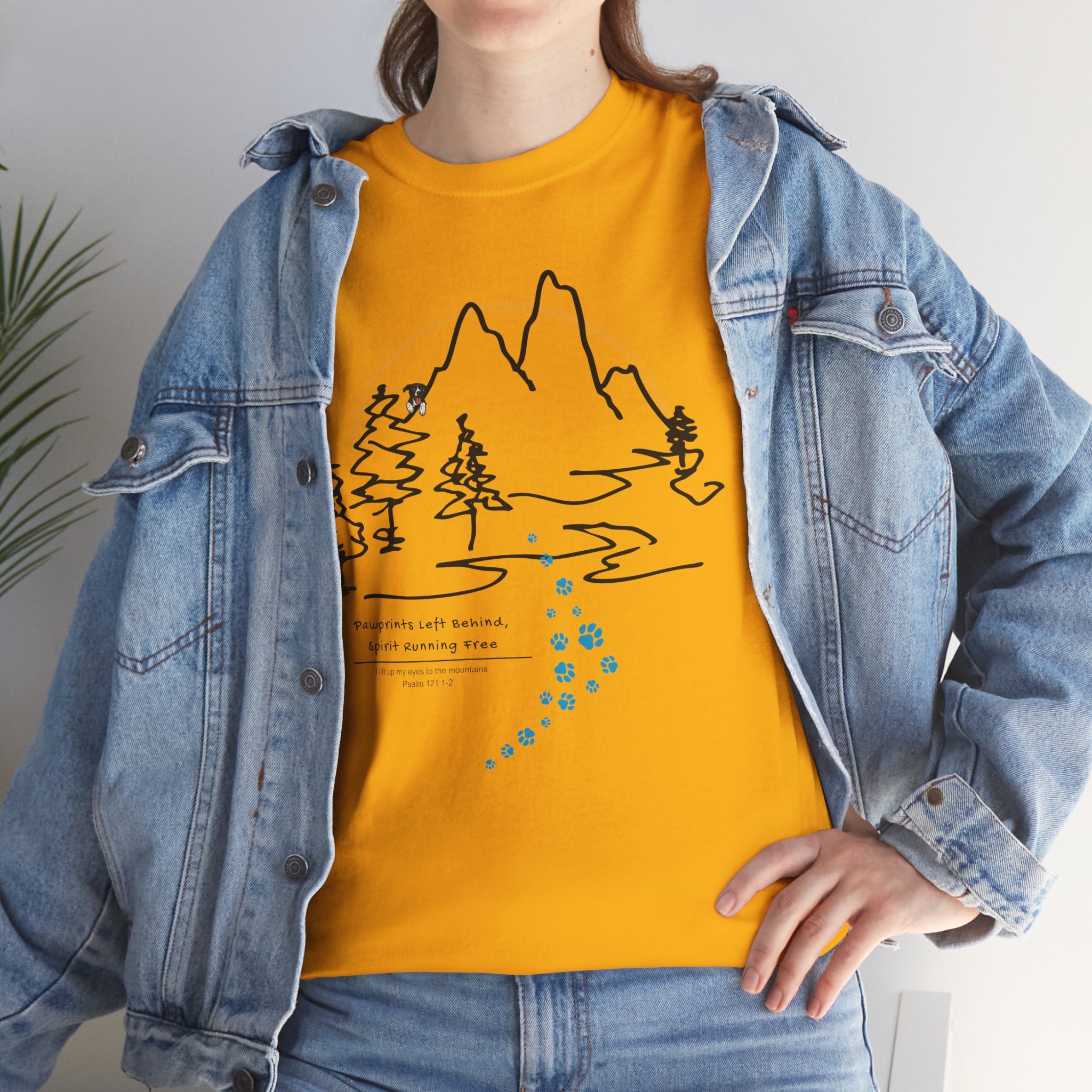 Rainbow Bridge T‑Shirt — Minimal Line Art Nature Tee with 'Follow the Dog Prints' Design Psalms 121