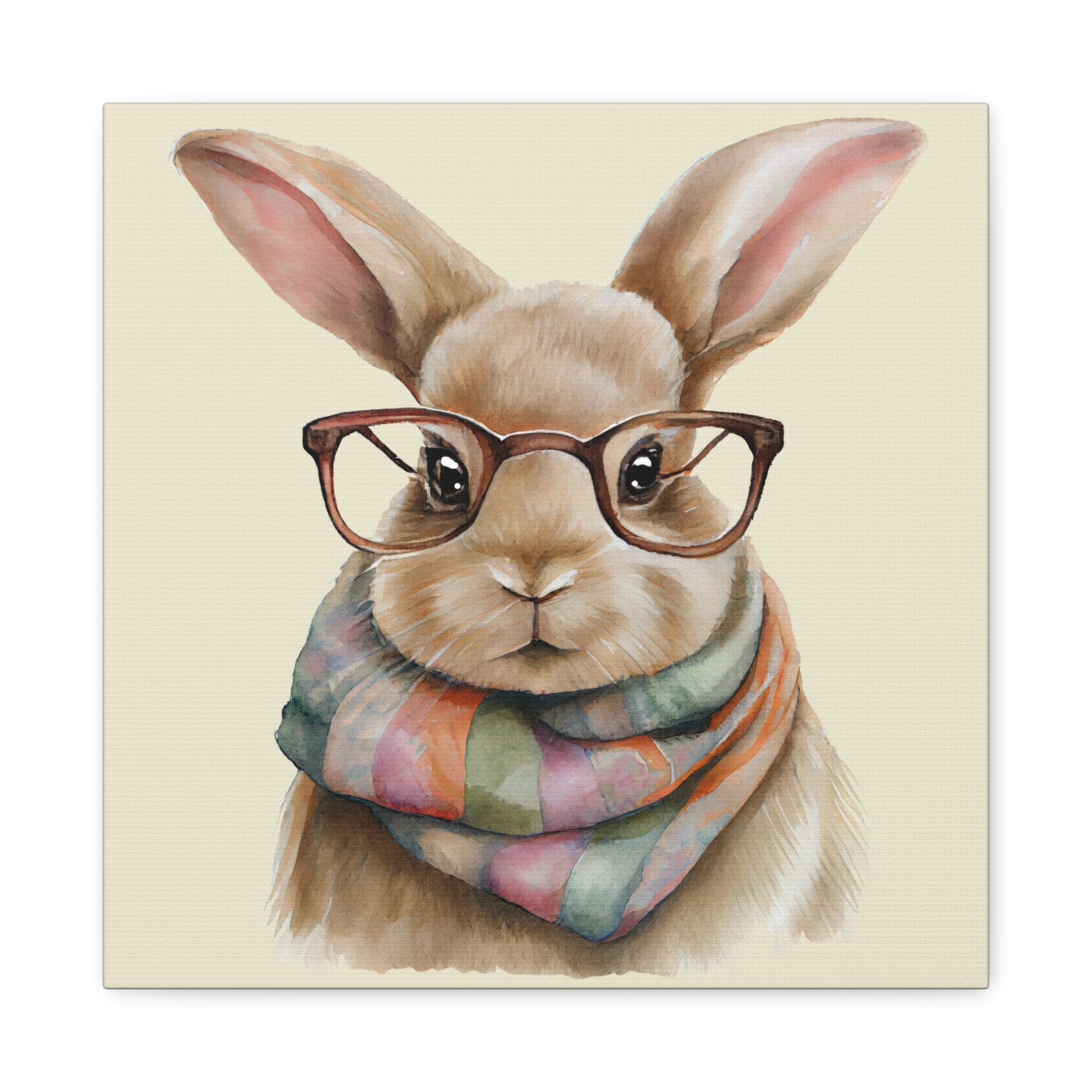 Hipster Bunny Canvas Art – Bunny with Glasses & Colorful Scarf Matte Stretched Wall Decor