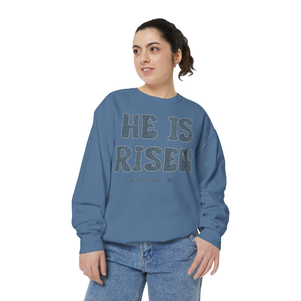 Comfort Colors - He Is Risen Sweatshirt — Christian Easter Pullover (Matthew 28:6)