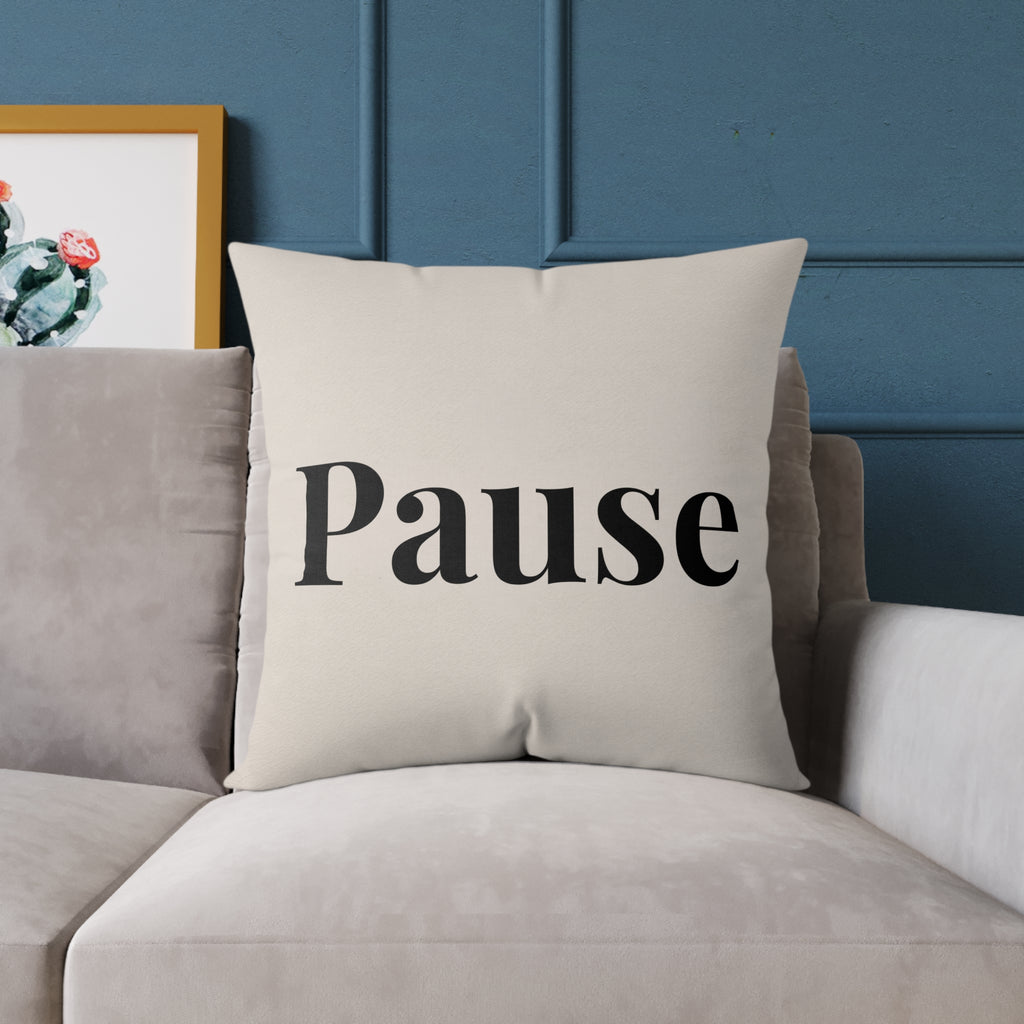 Pause Square Pillow – Minimalist Faith Inspired Neutral Canvas Throw Pillow with 'Pause' Typography