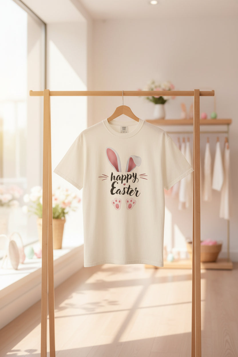 Easter Bunny Tee — "Happy Easter" Bunny Ears & Paws Graphic T-Shirt (Comfort Colors)