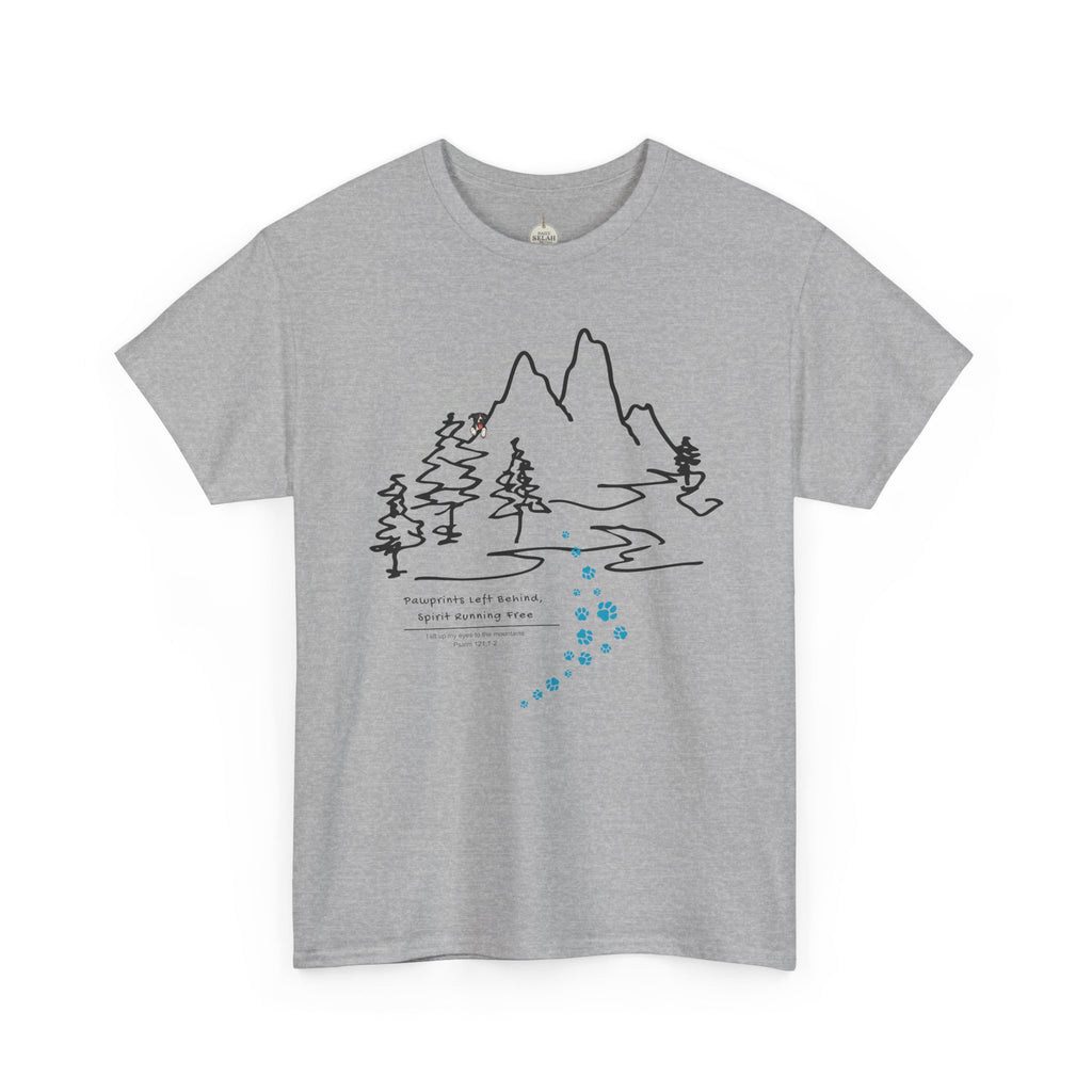 Rainbow Bridge T‑Shirt — Minimal Line Art Nature Tee with 'Follow the Dog Prints' Design Psalms 121