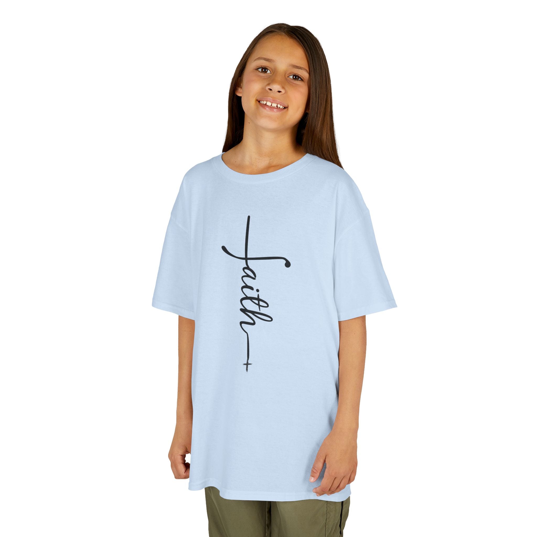 Kids Tee — Vertical "faith" Cross Script Graphic