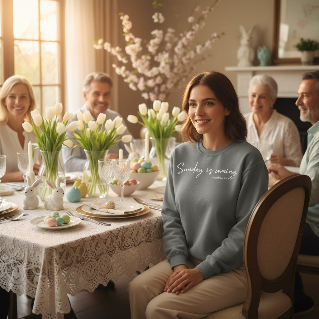 Sunday Is Coming Easter Sweatshirt — Inspirational Script Crewneck  - Scripture Matthew 28:6