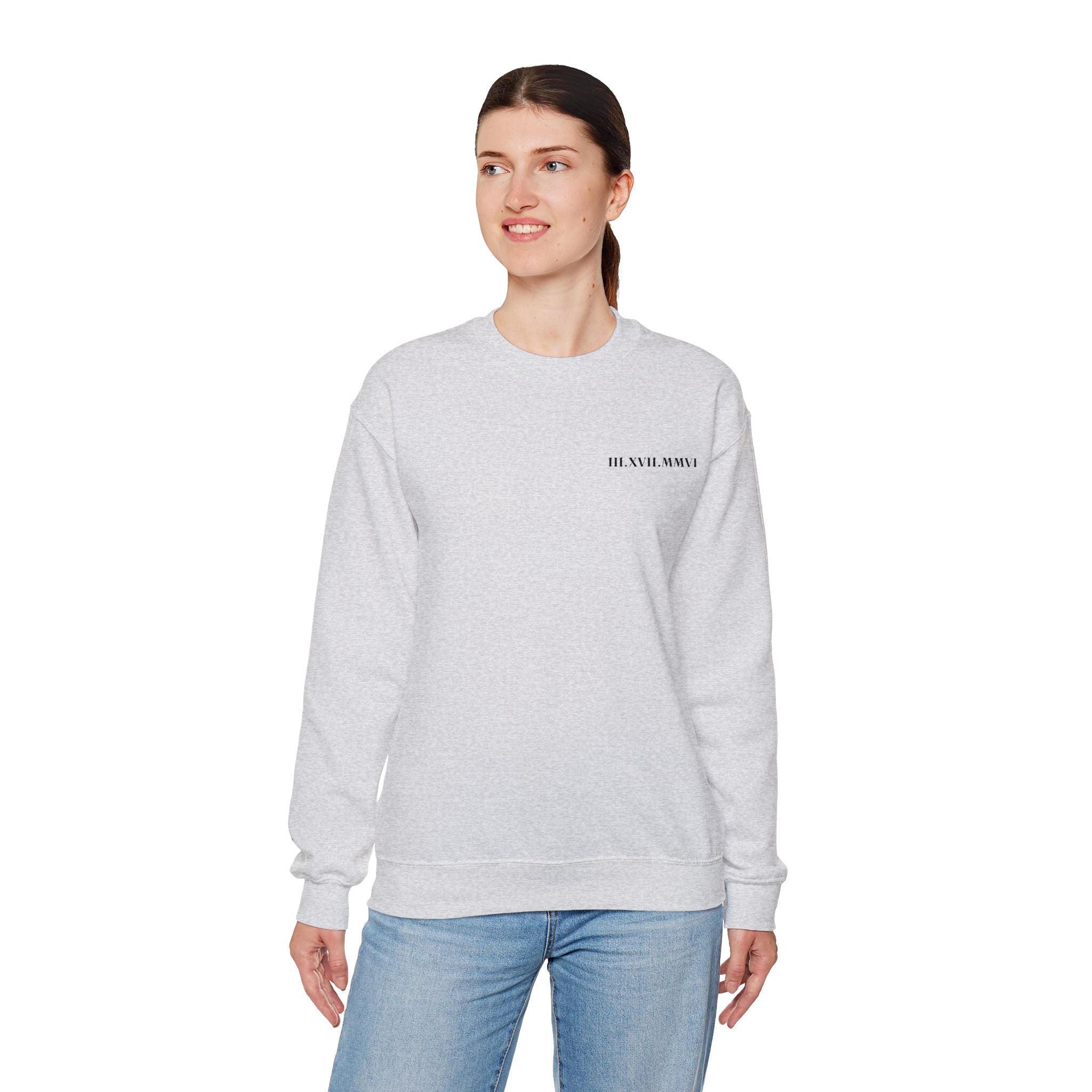 Embroidered - Personalized - Couples - Crewneck Sweatshirt — Minimal 'Human Being' Chest Text with Small Sleeve Floral Accents