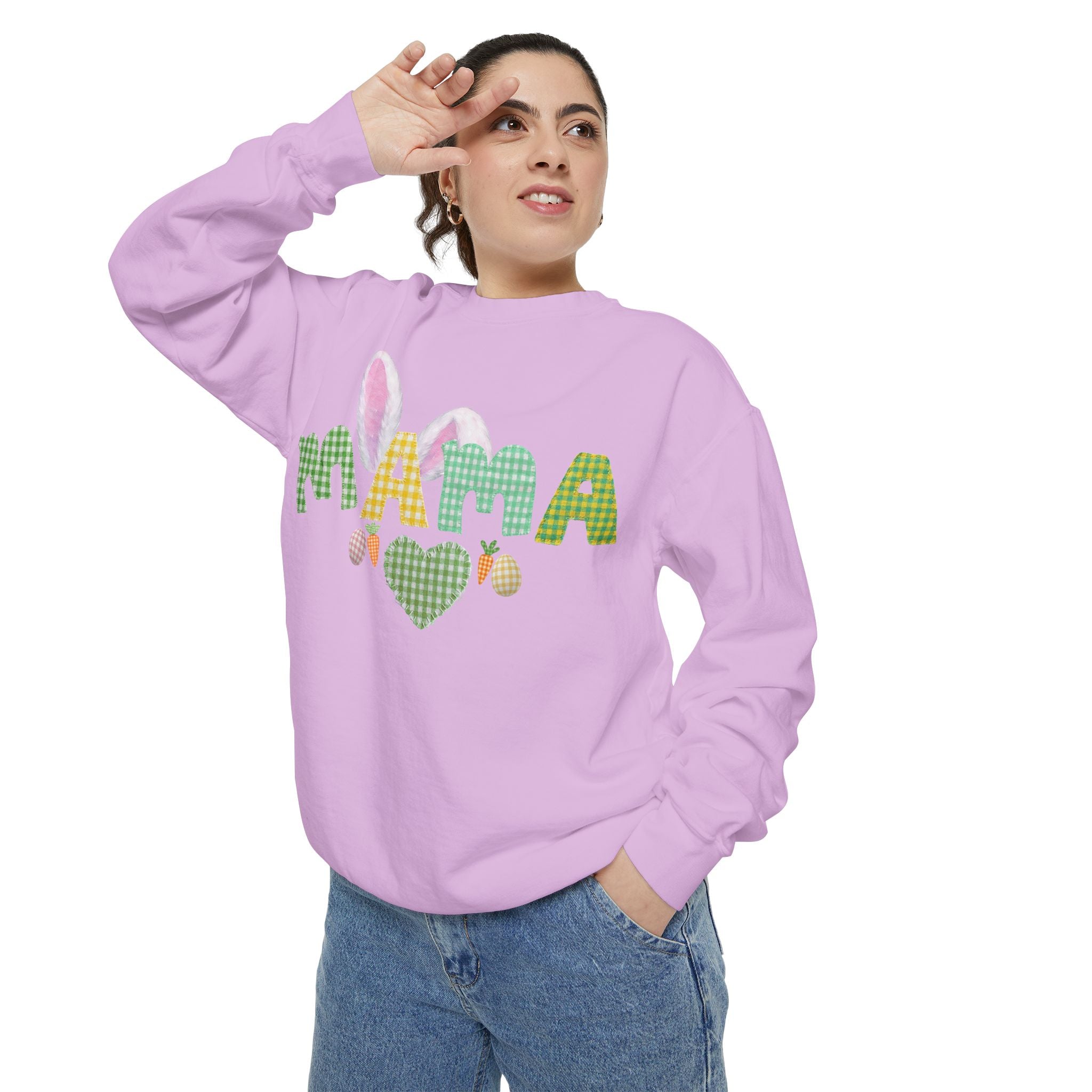 Mama Easter Bunny Sweatshirt — Cute Plaid ‘MAMA’ with Bunny Ears & Eggs