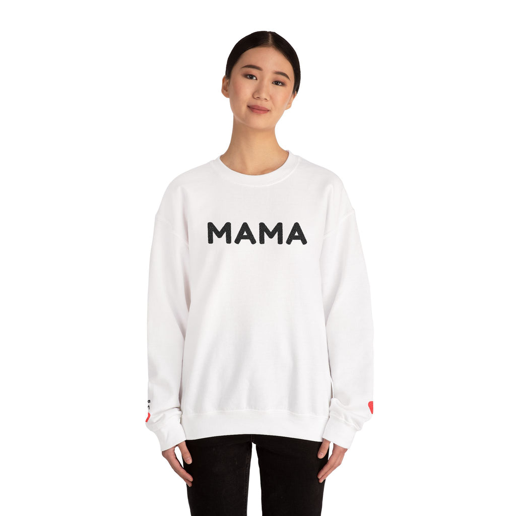 Embroidered - Personalized - Mama Crewneck Sweatshirt — Cozy Mother's Day Pullover with Heart Sleeve Detail