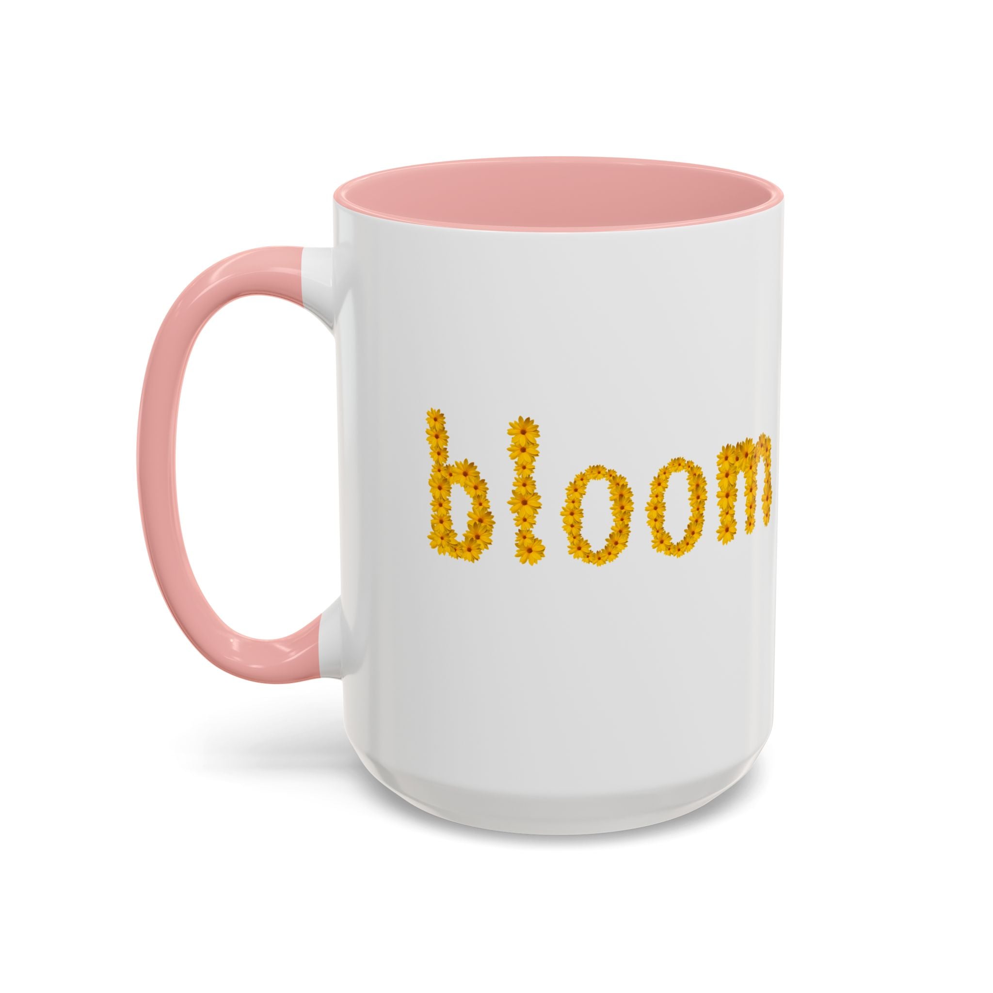 "bloom" floral text Coffee Mug | sunflower petal typography, white & black accent