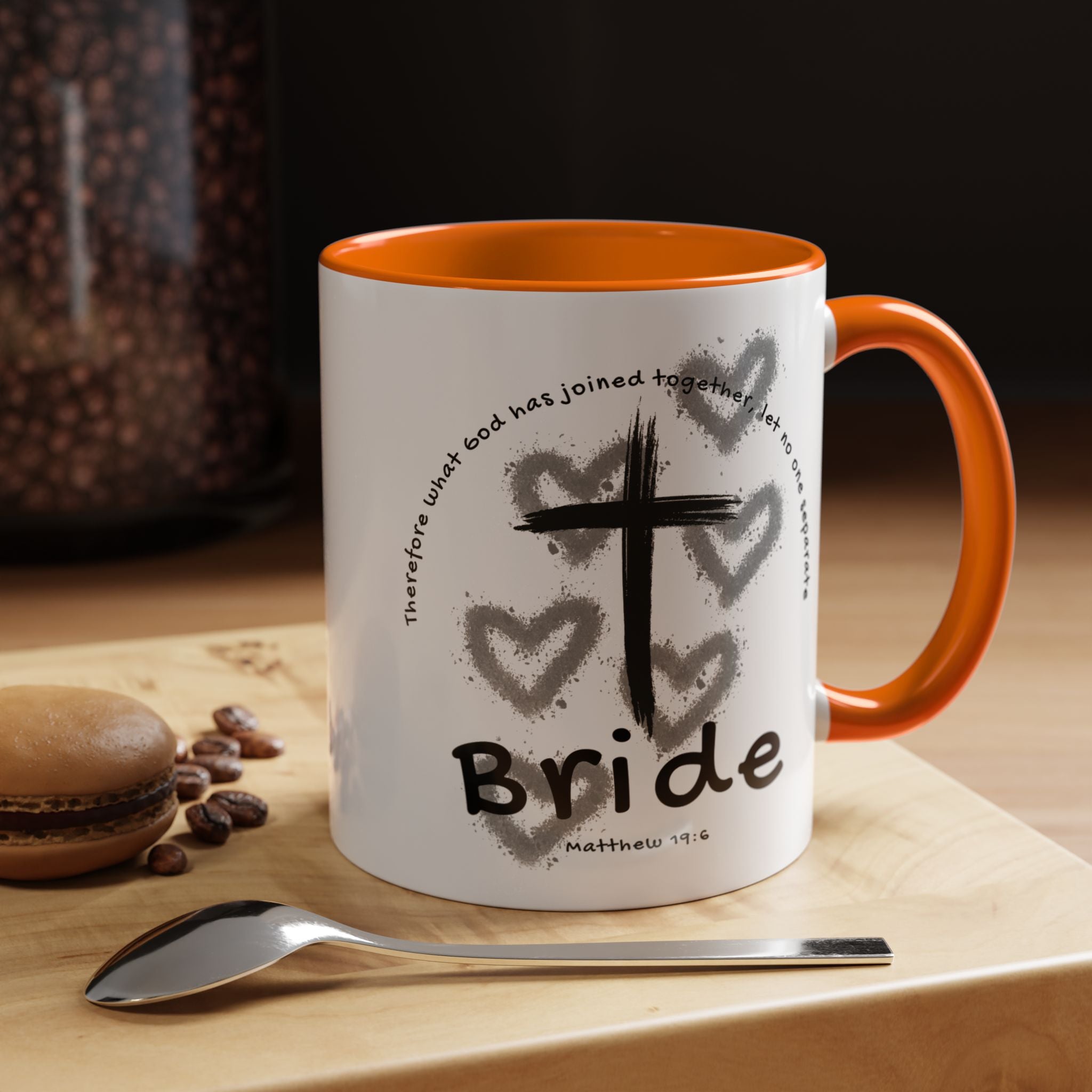 Bride Coffee Mug — Christian Cross & Hearts Accent Mug (Matthew 19:6)