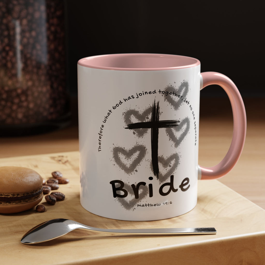 Bride Coffee Mug — Christian Cross & Hearts Accent Mug (Matthew 19:6)