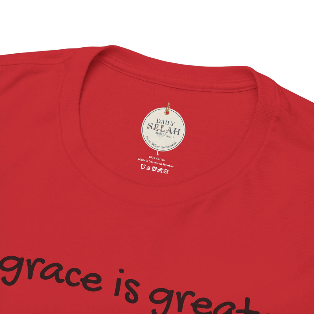 Christian T‑Shirt — "His grace is greater than your past." (Romans 5:20)