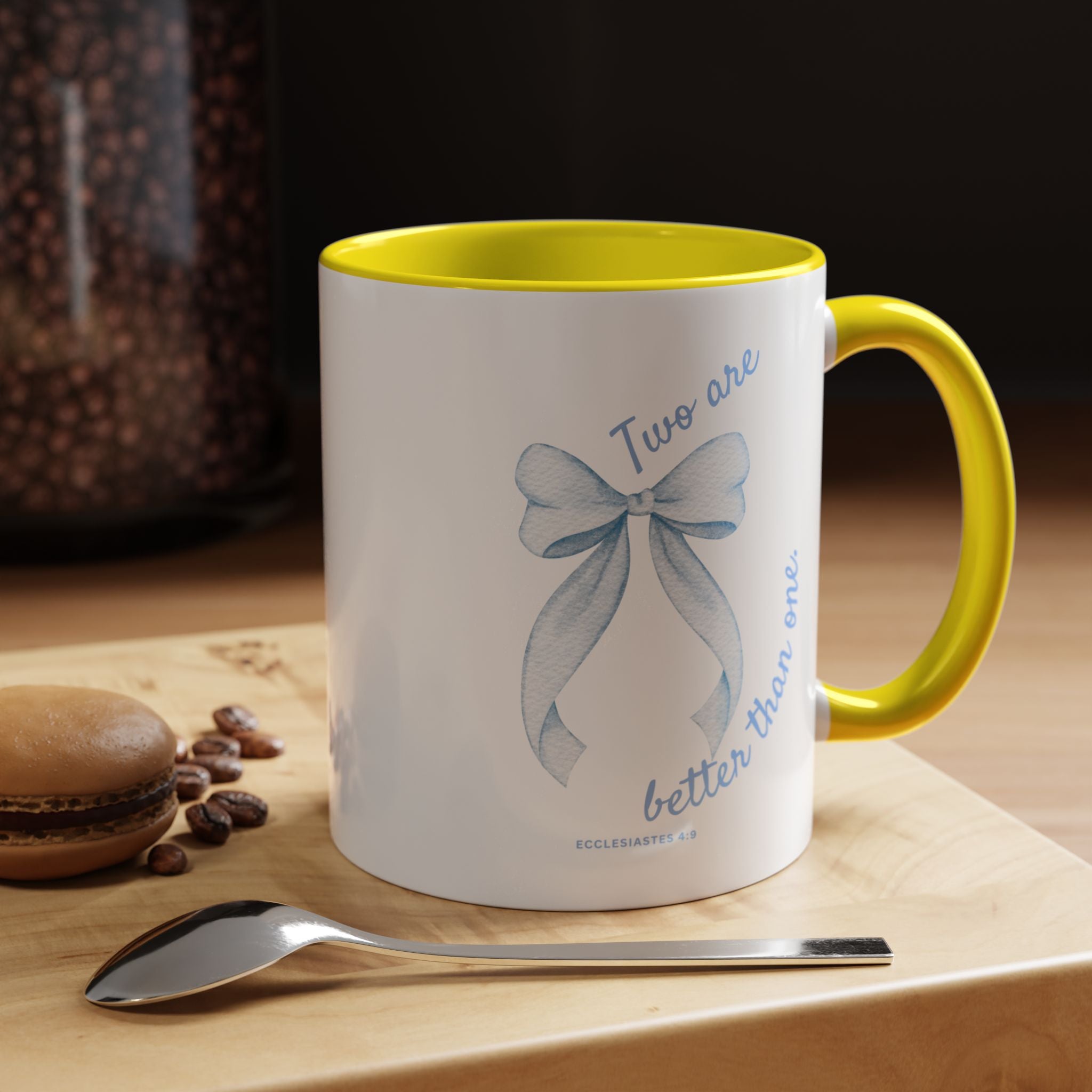Accent Coffee Mug - "Two are better than one" Blue Ribbon Ceramic Mug Christian Wedding