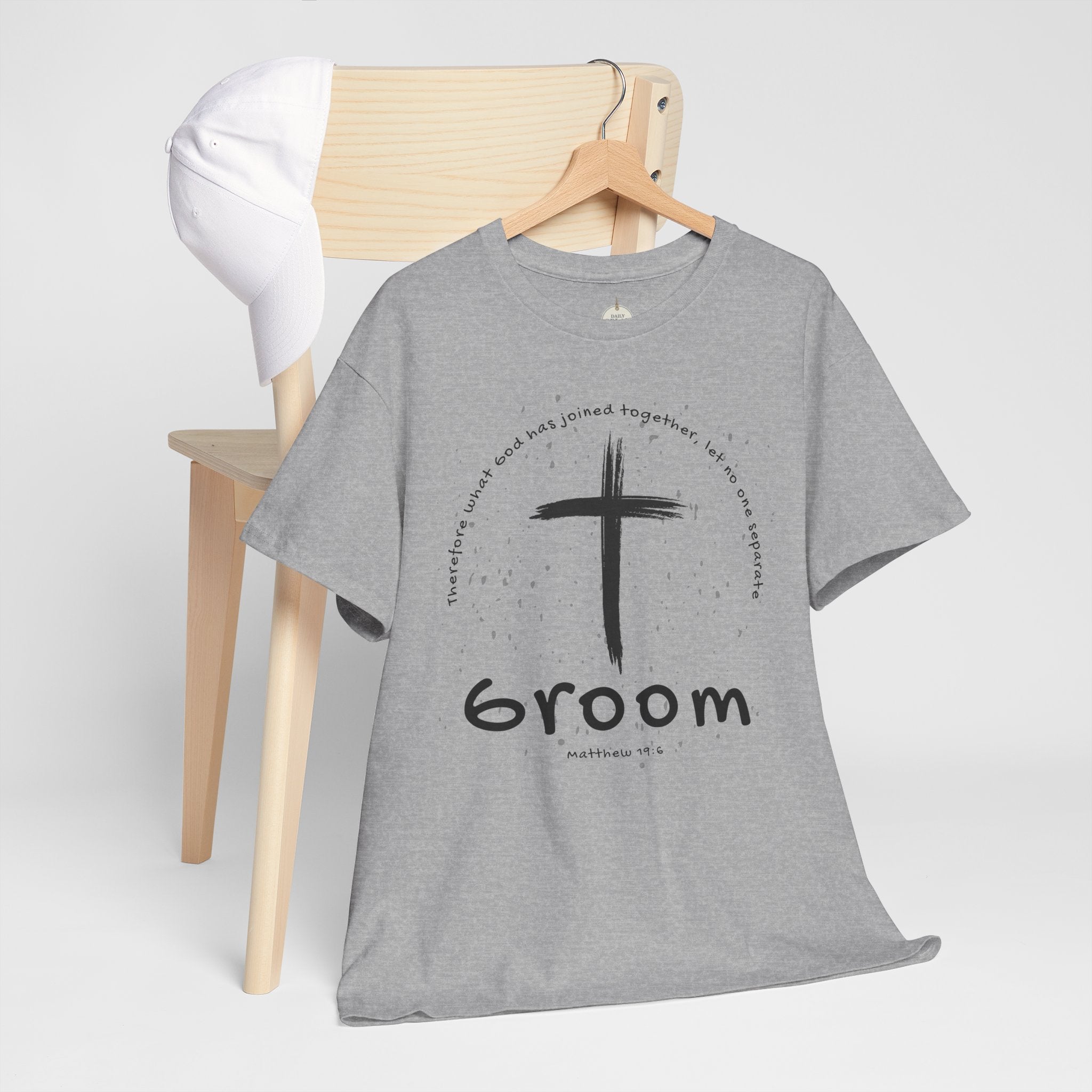 Groom Cross Tee — Christian Wedding Groom T-Shirt (Scripture Verse Design) - Christian - Matthew 19:6