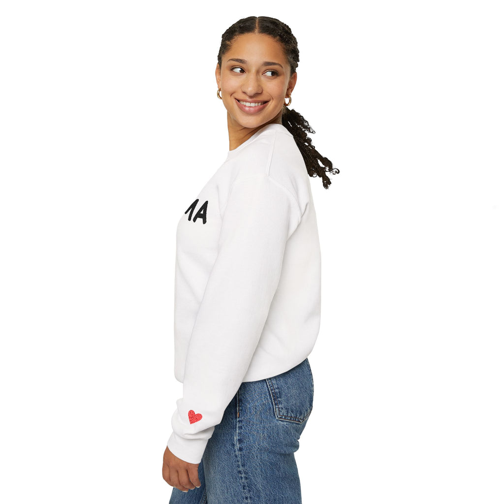 Embroidered - Personalized - Mama Crewneck Sweatshirt — Cozy Mother's Day Pullover with Heart Sleeve Detail