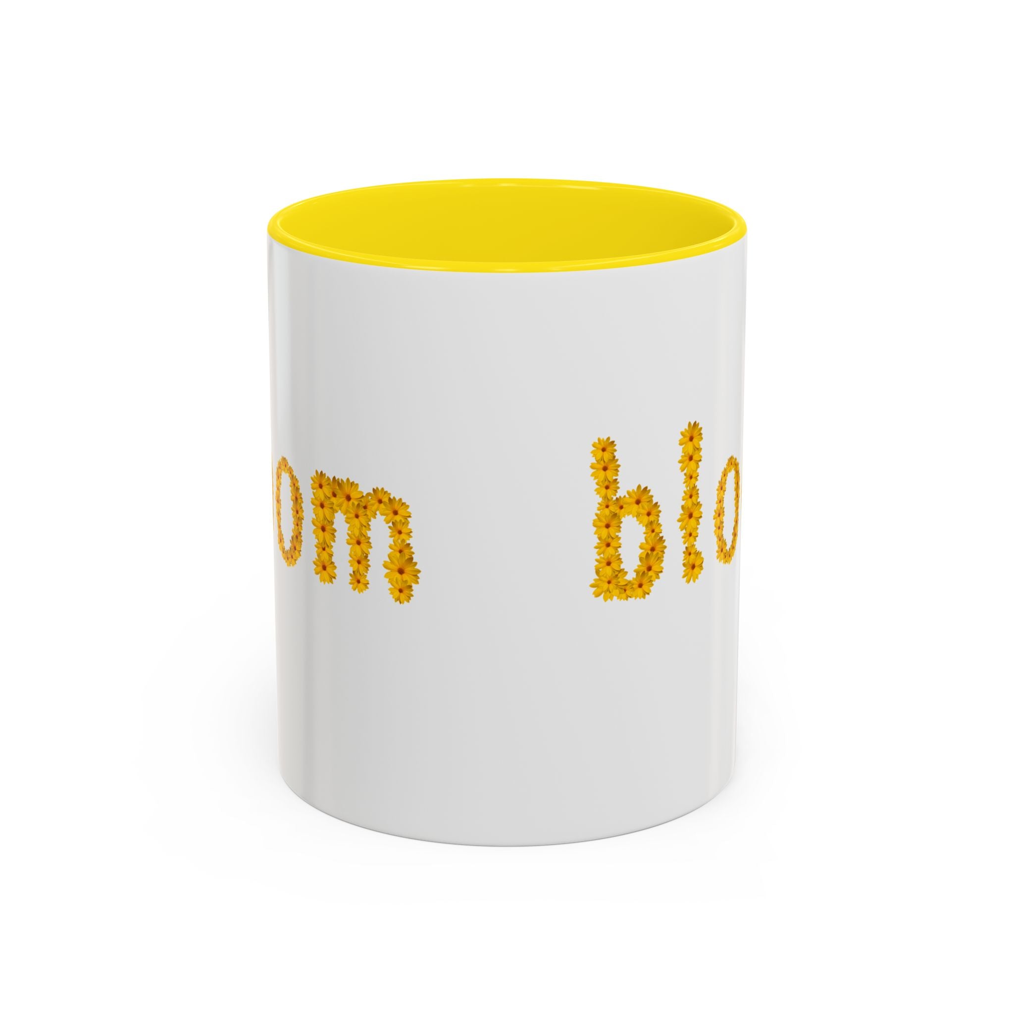 "bloom" floral text Coffee Mug | sunflower petal typography, white & black accent