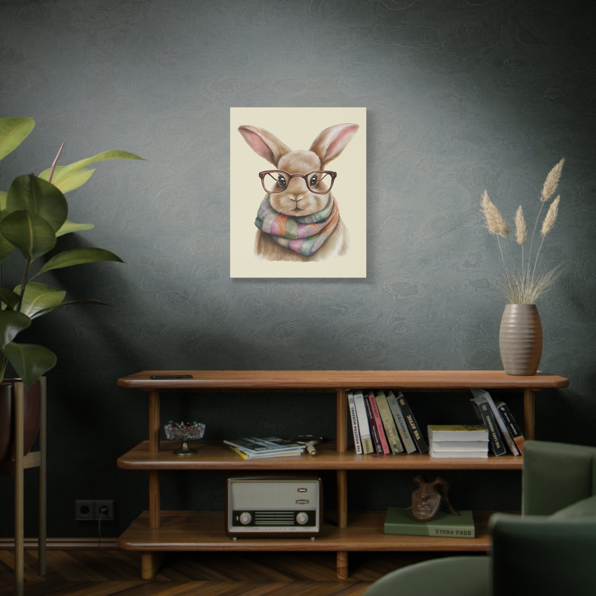 Hipster Bunny Canvas Art – Bunny with Glasses & Colorful Scarf Matte Stretched Wall Decor