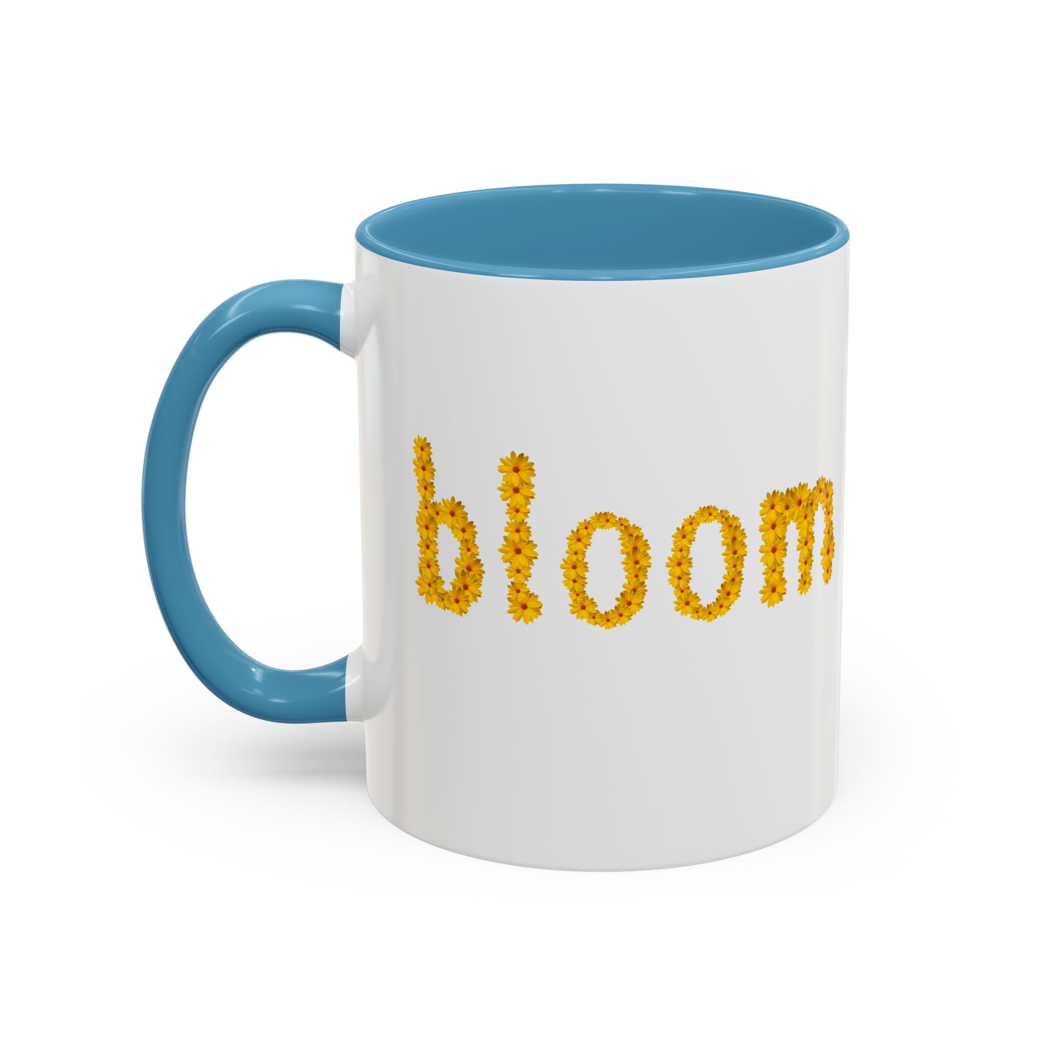 "bloom" floral text Coffee Mug | sunflower petal typography, white & black accent