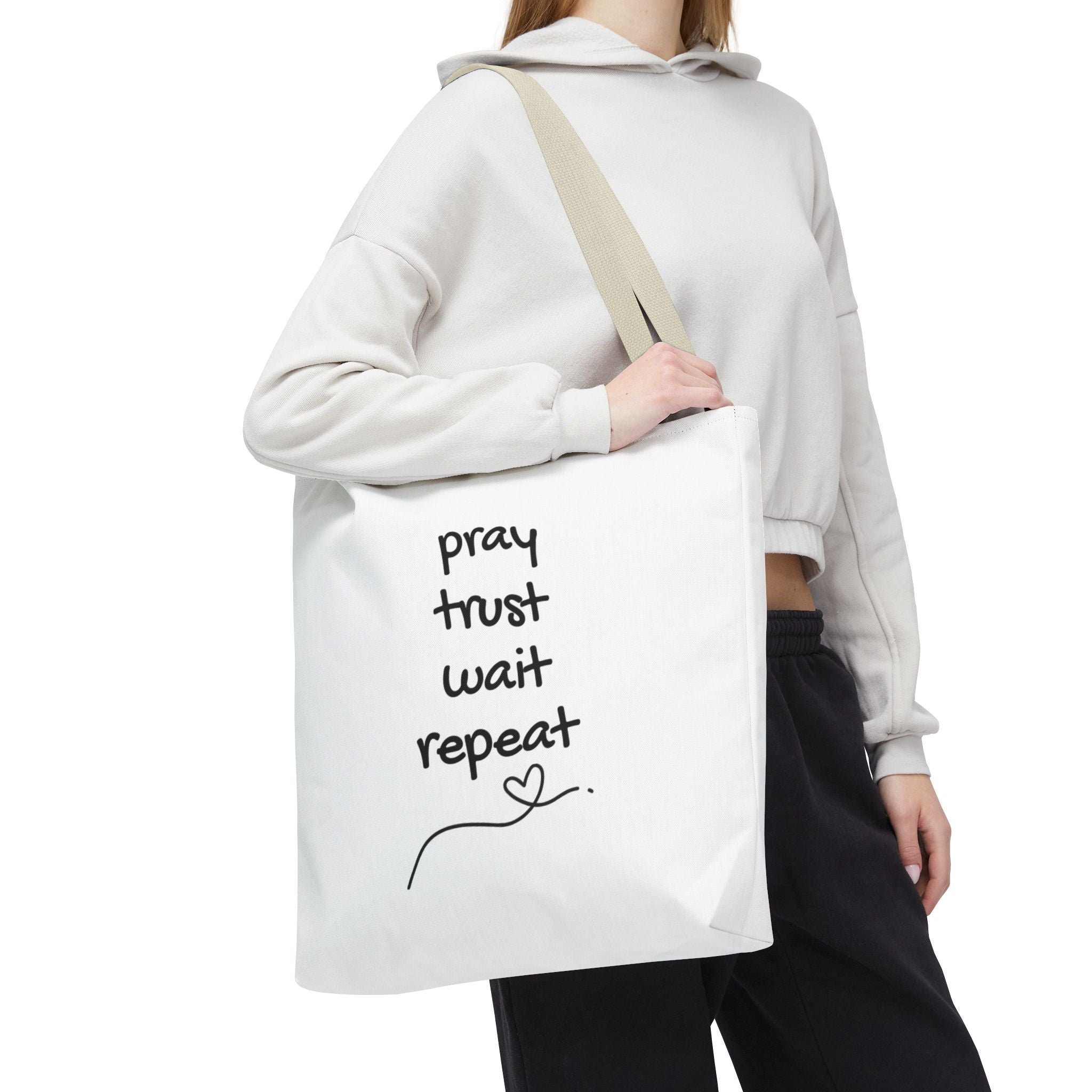 Pray Trust Wait Repeat Tote Bag — Inspirational Faith Canvas Tote
