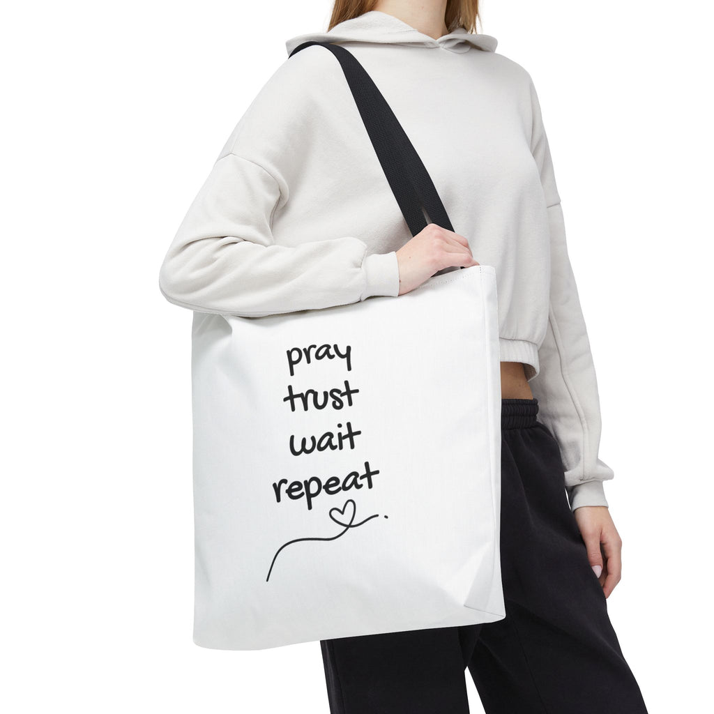 Pray Trust Wait Repeat Tote Bag — Inspirational Faith Canvas Tote