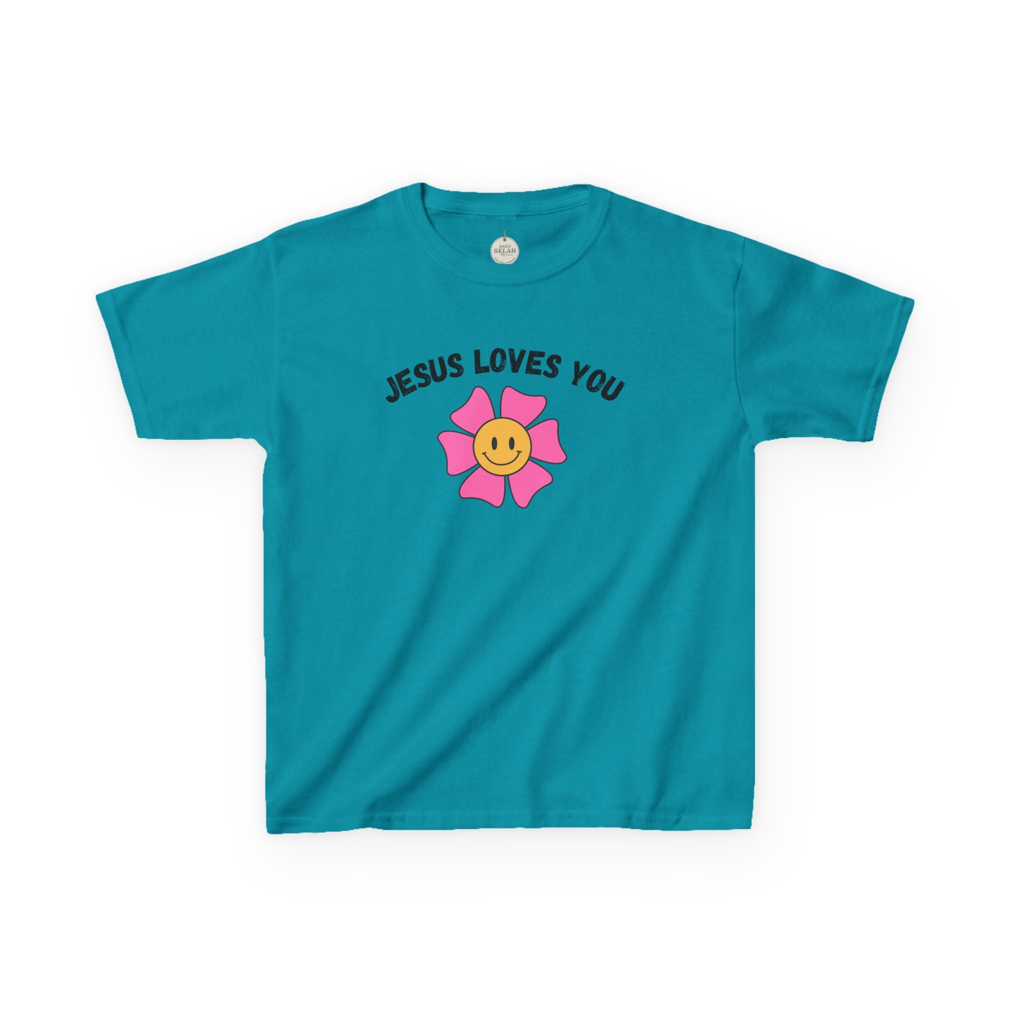 Kids T-Shirt — "Jesus Loves You" Smiley Flower Christian Tee