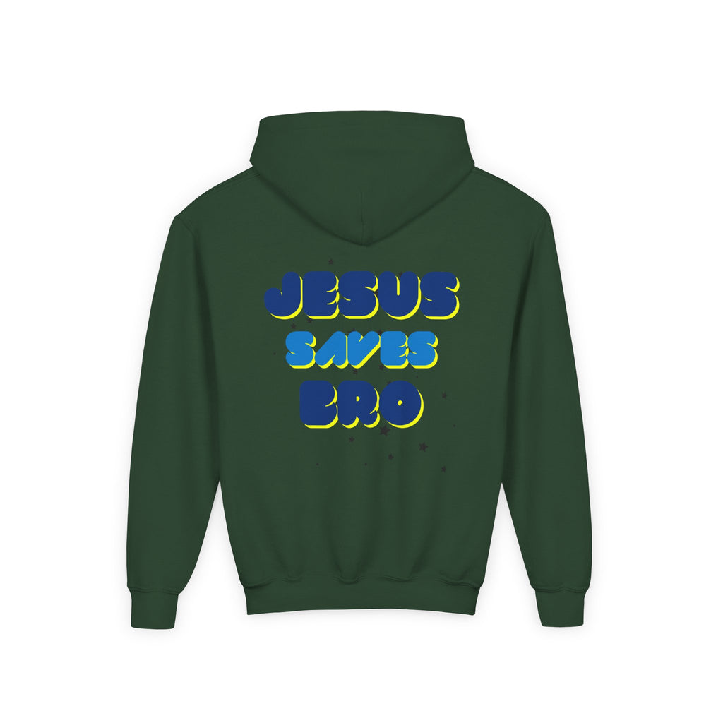 Youth Hoodie — "Jesus Saves Bro" Christian Graphic Pullover