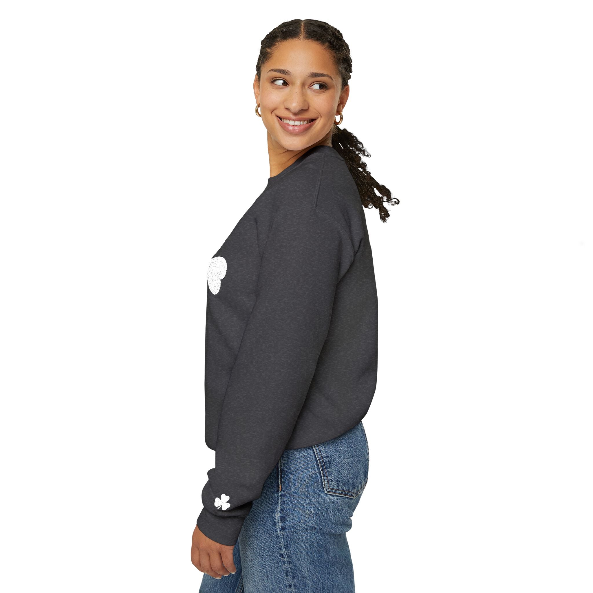 Embroidered Shamrock Crewneck Sweatshirt — Simple White Clover St. Patrick’s Day Pullover