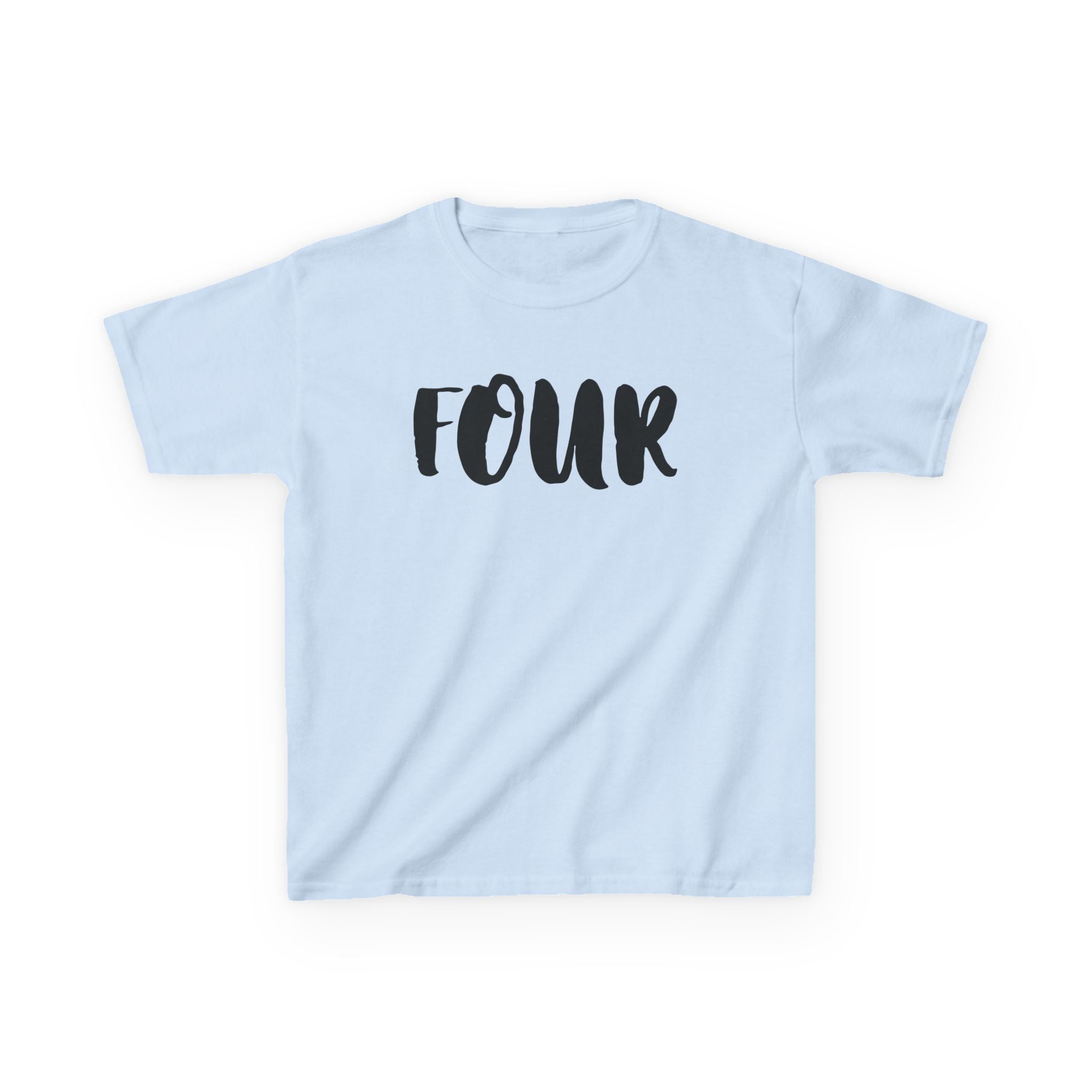 Kids 'Four' Birthday T‑Shirt — Fun Script Number Tee for 4-Year-Olds