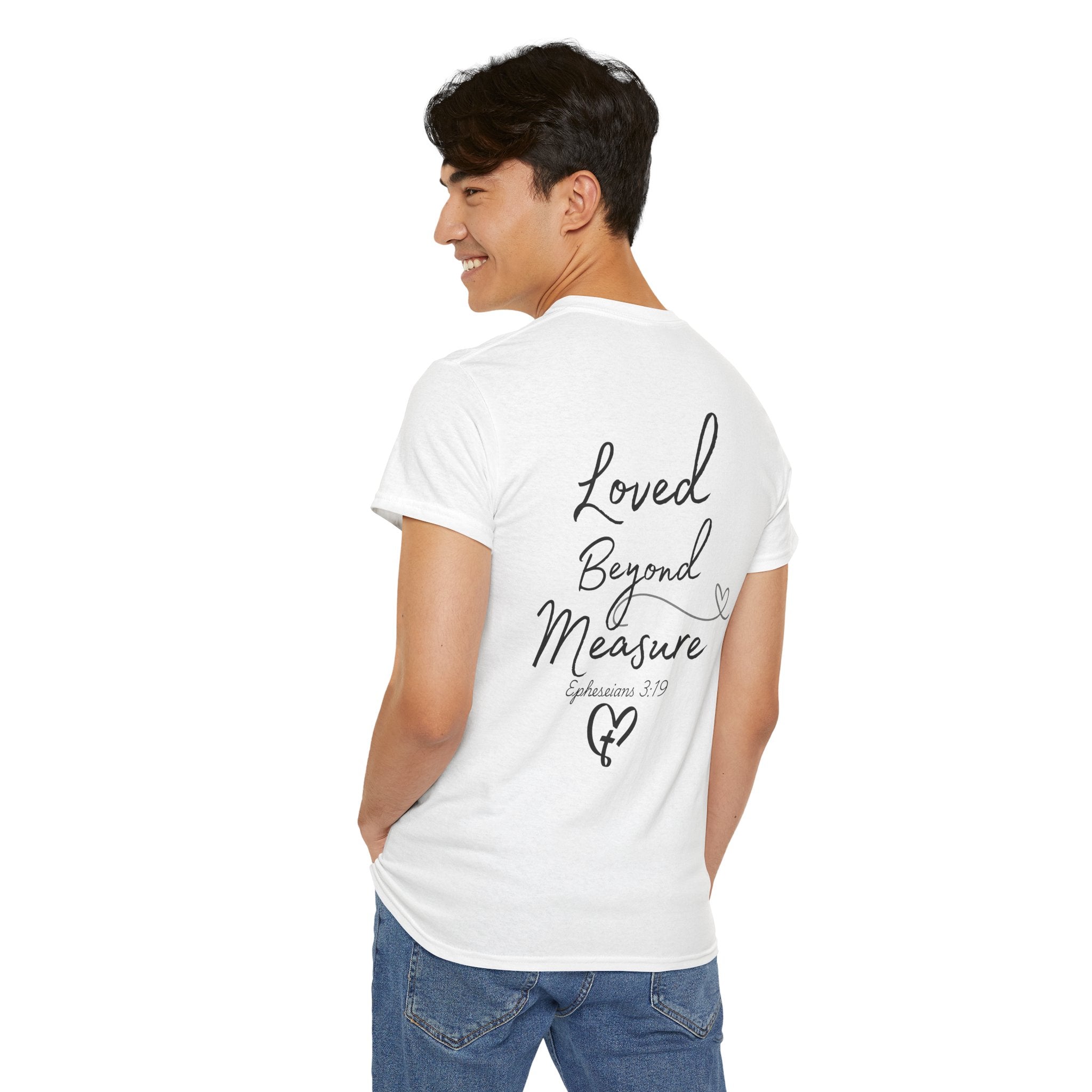 Loved Beyond Measure Tee — Christian Faith Heart Cross T-Shirt (Ephesians 3:18)