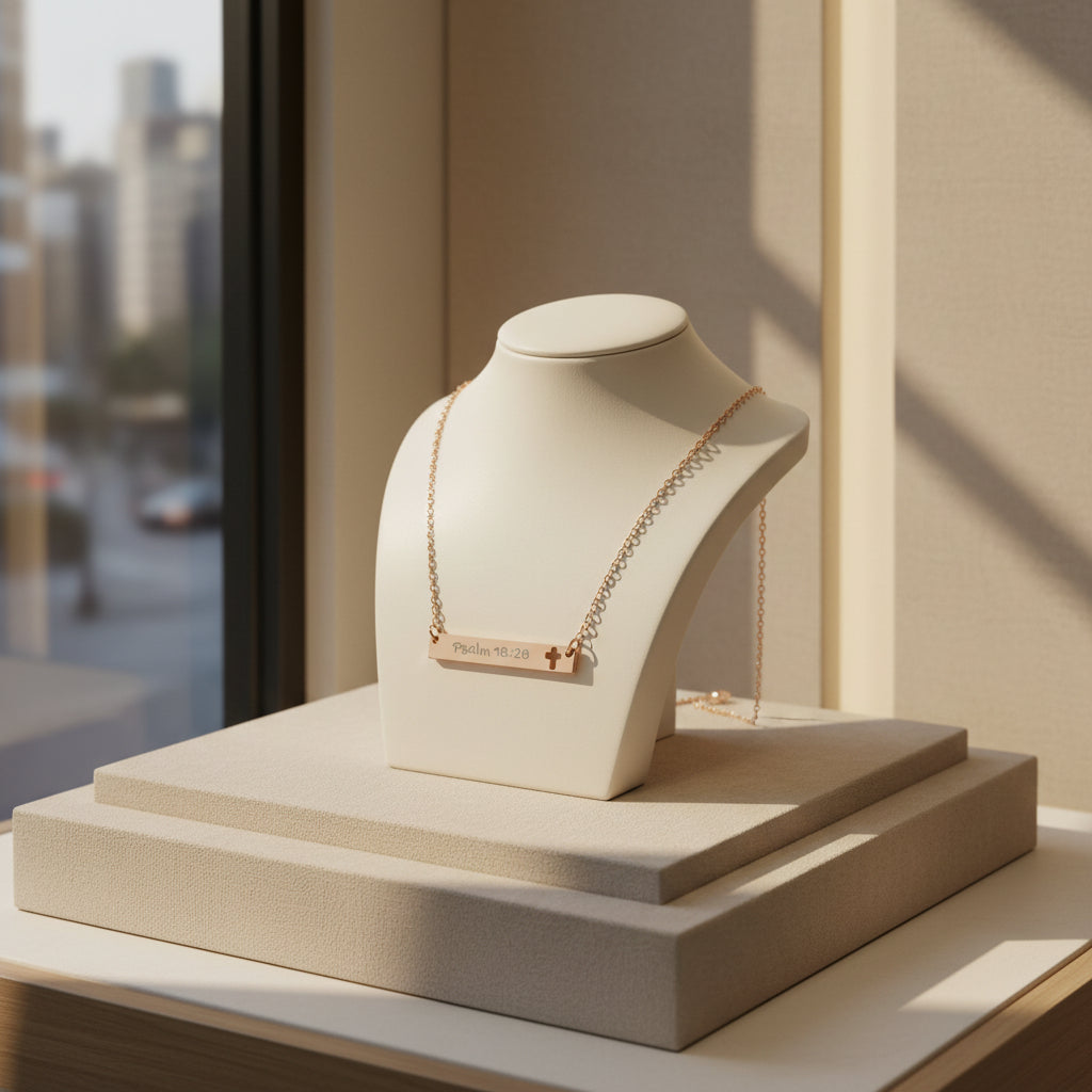 Personalized Cutout Cross Bar Necklace — Personalized Scripture Bar Necklace (e.g., Psalm 18:28, Romans 15:13) with Cross