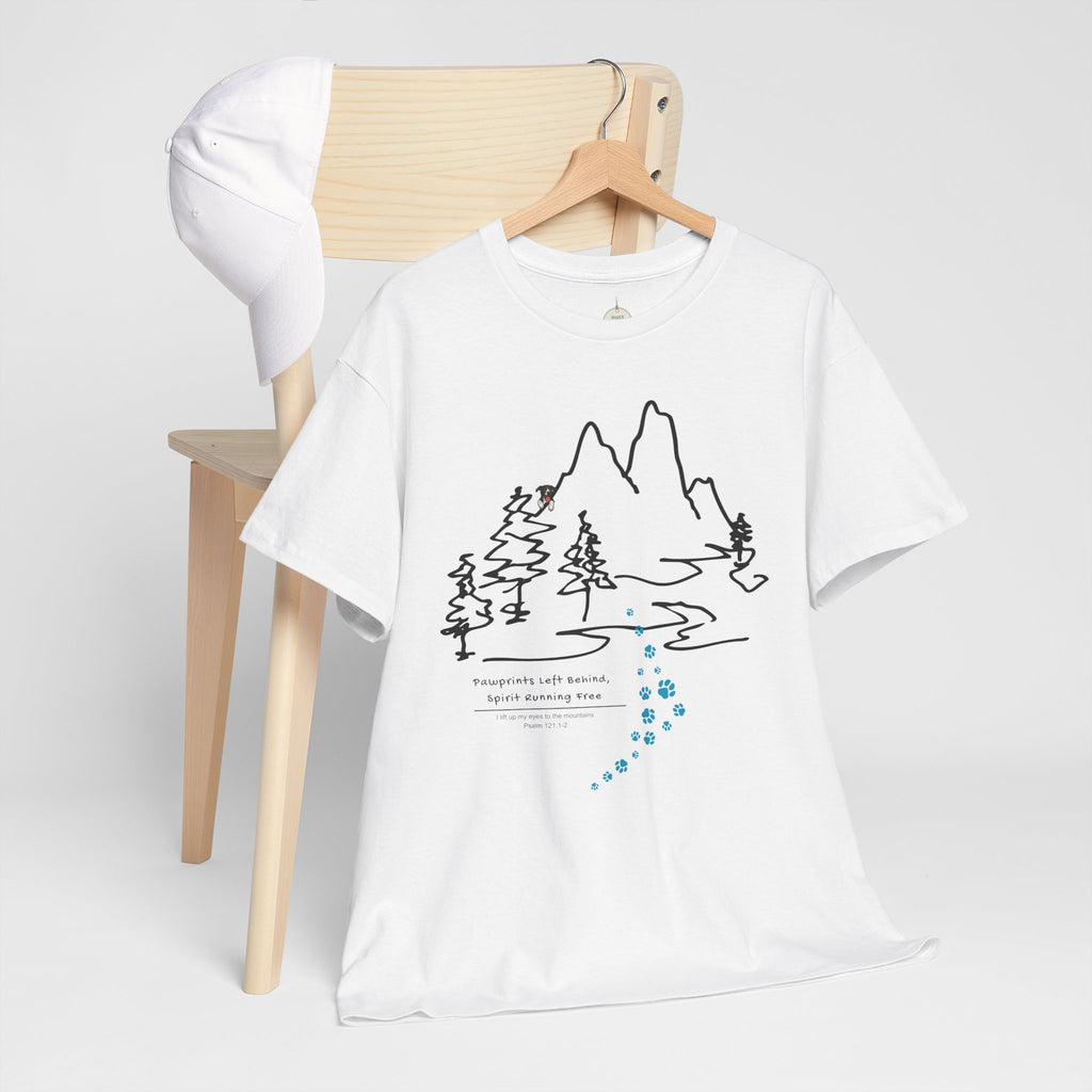 Rainbow Bridge T‑Shirt — Minimal Line Art Nature Tee with 'Follow the Dog Prints' Design Psalms 121
