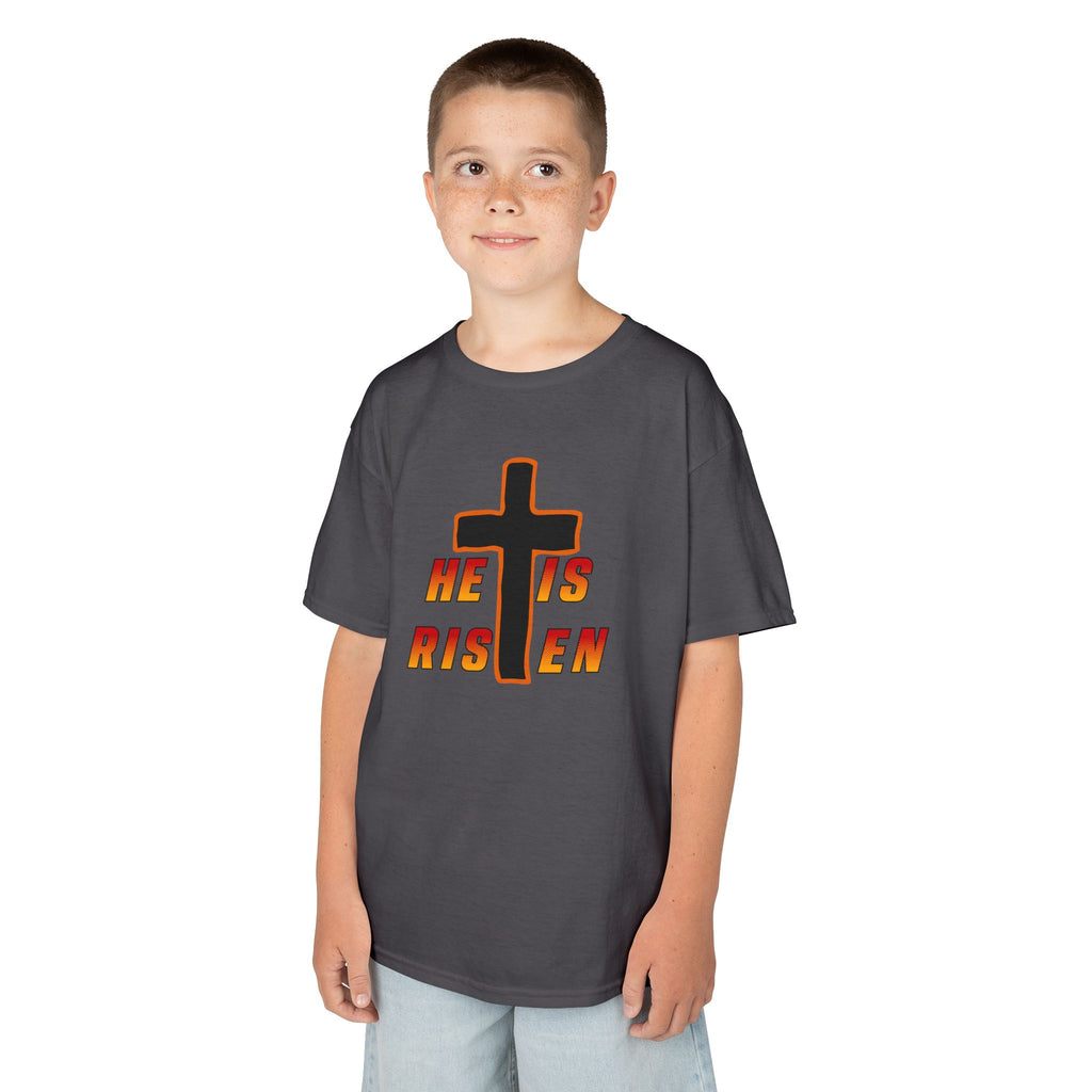 Kids Tee — "He Is Risen" Cross Easter T‑Shirt