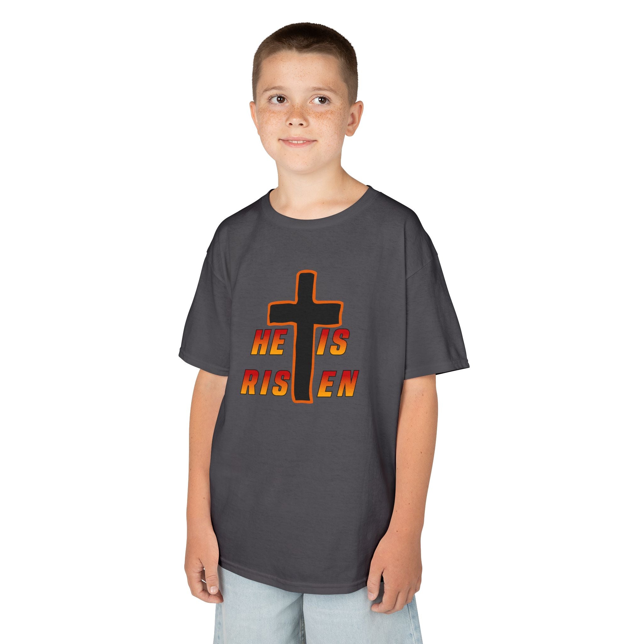 Kids Tee — "He Is Risen" Cross Easter T‑Shirt