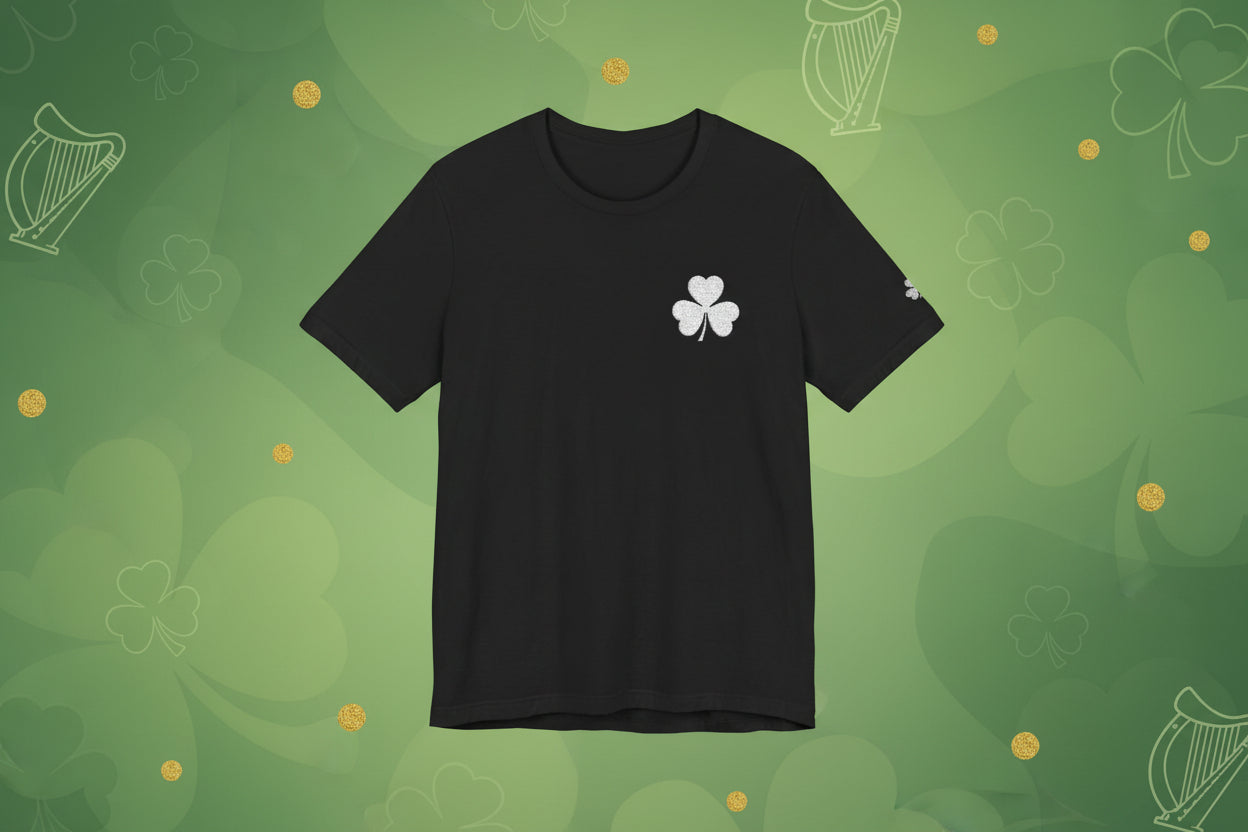 Embroidered Shamrock Pocket Tee — Distressed Lucky Clover T-Shirt