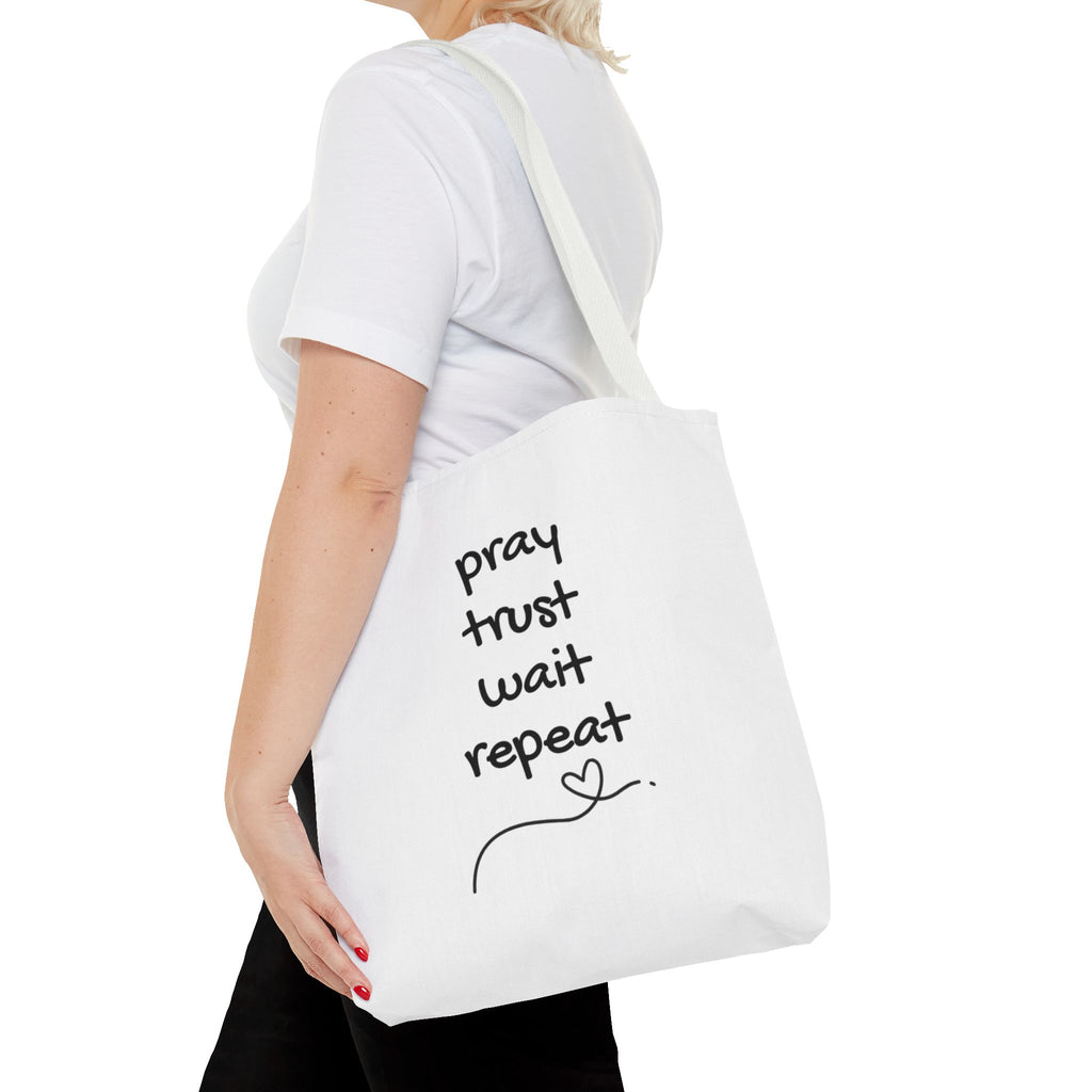 Pray Trust Wait Repeat Tote Bag — Inspirational Faith Canvas Tote